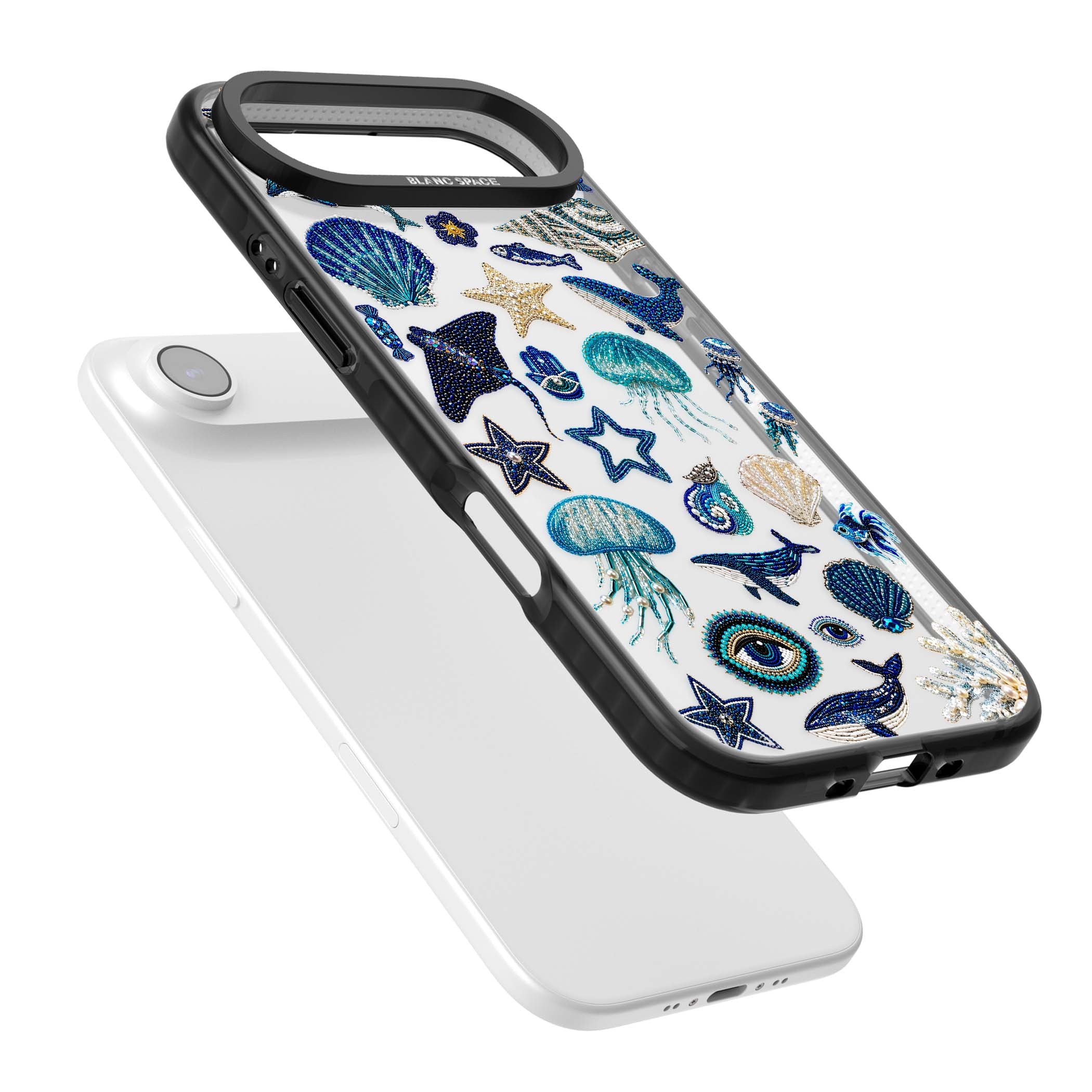 Beaded Coastal coastal iPhone case featuring embroidered seashells, jellyfish and a blue whale on clear | Clear Impact case for iPhone Air