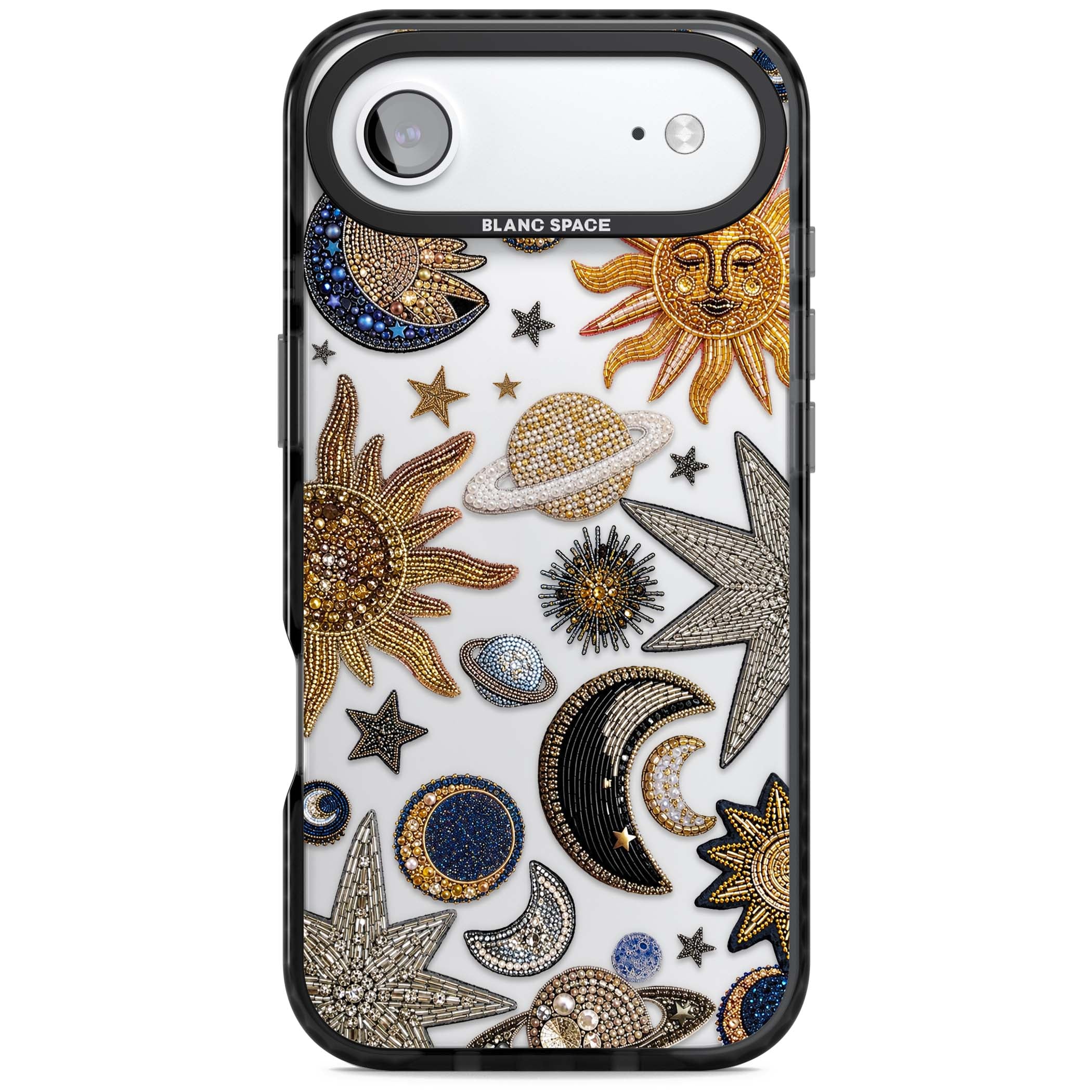 Beaded Cosmos celestial iPhone case featuring embroidered golden suns, beaded planets and silver shooting stars | Clear Impact case for iPhone Air
