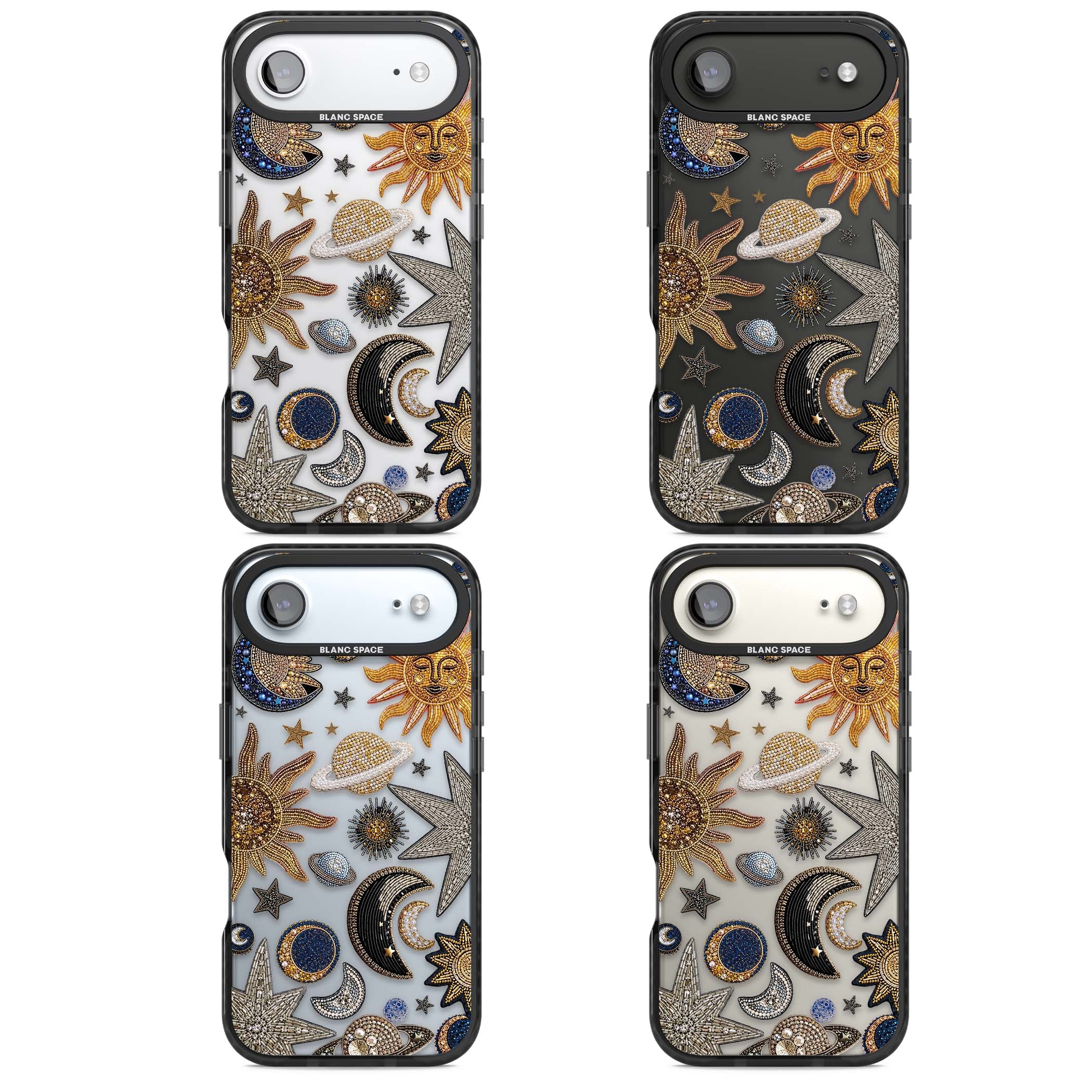 Beaded Cosmos celestial iPhone case featuring embroidered golden suns, beaded planets and silver shooting stars | Clear Impact case for iPhone Air