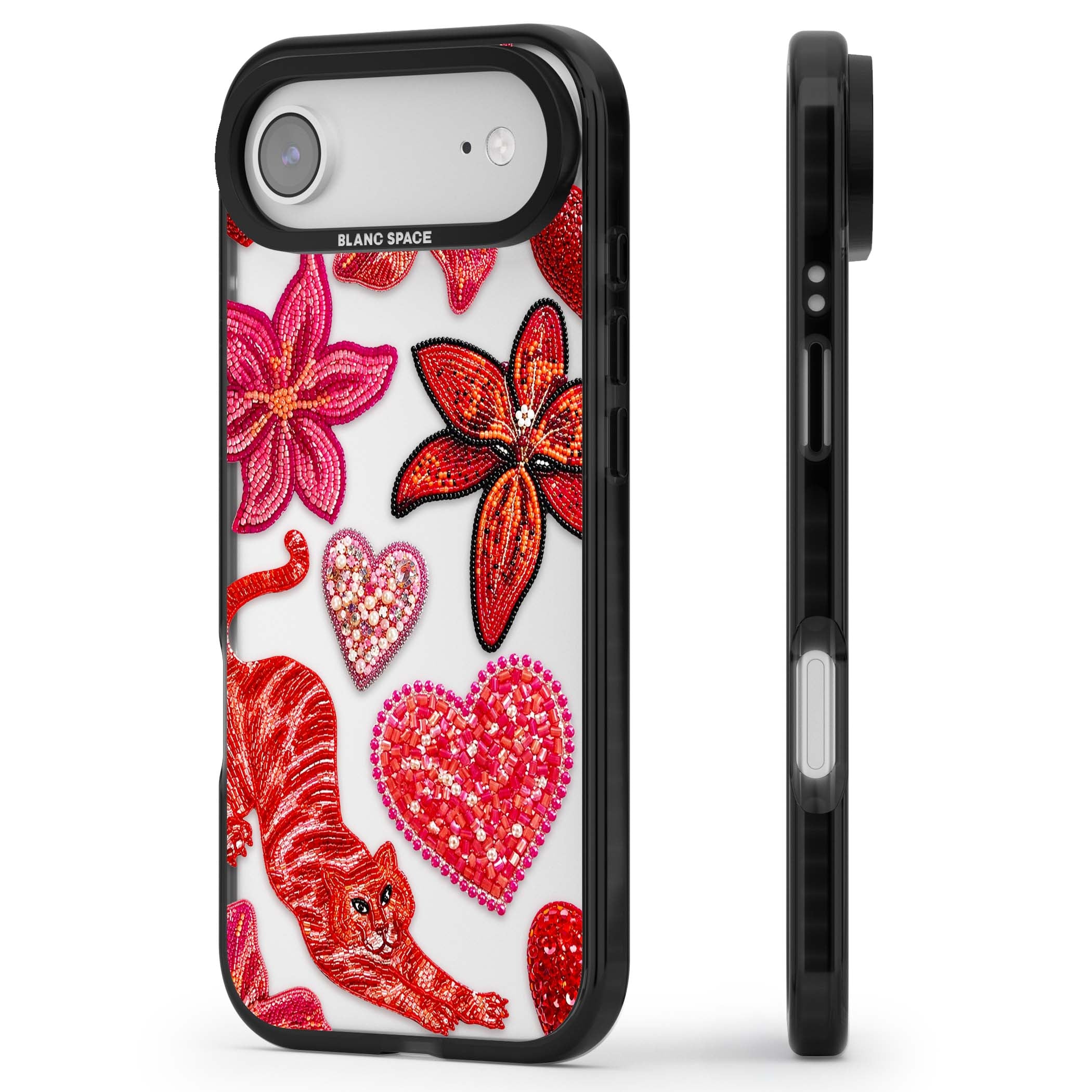 Beaded Boho floral iPhone case featuring beaded red lilies, a stitched tiger, and pearl-encrusted hearts on clear | Clear Impact case for iPhone Air