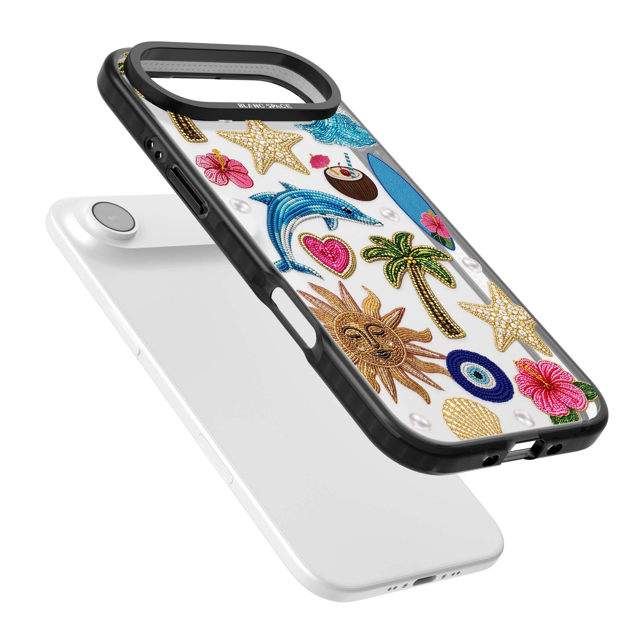 Beaded Beach coastal summer iPhone case featuring embroidered evil eye, hibiscus flowers, dolphin and palm tree patches | Clear Impact case for iPhone Air
