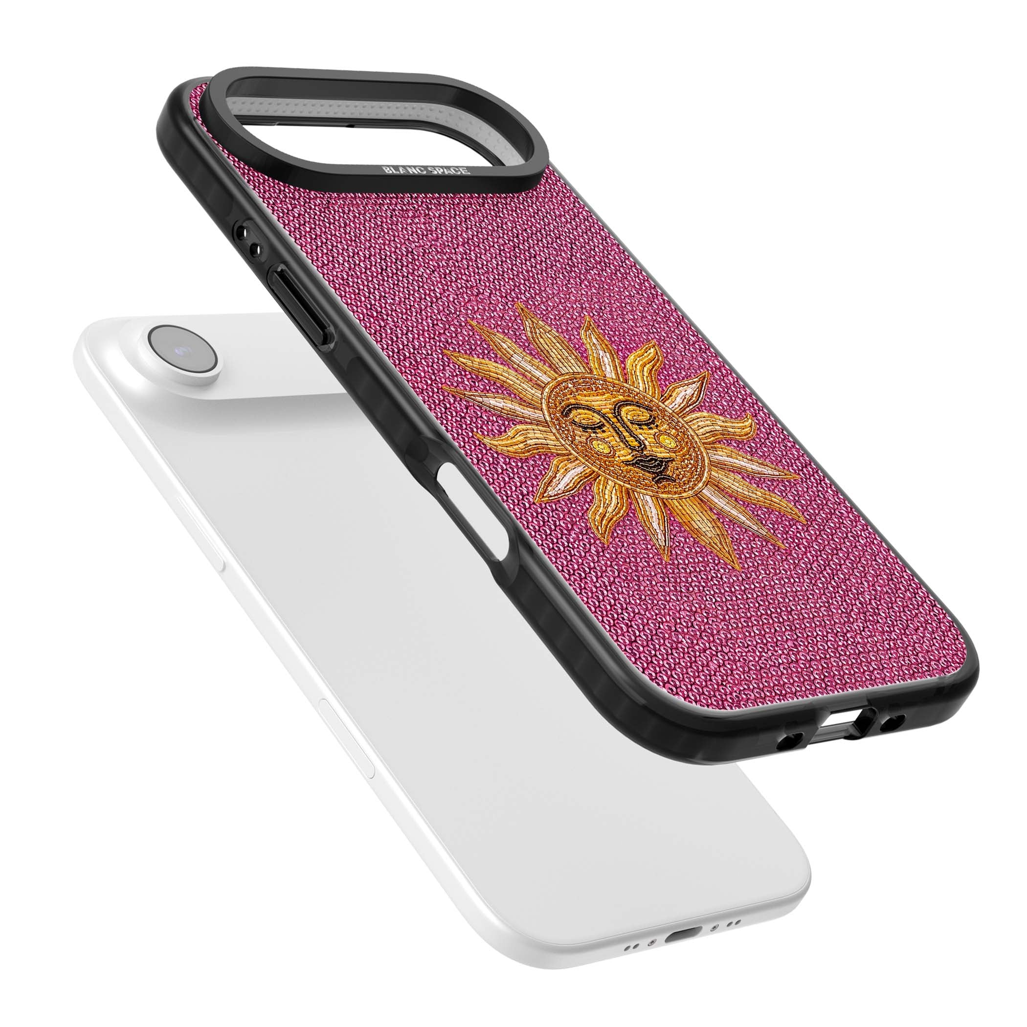 Beaded Sun celestial iPhone case featuring a golden beaded sun face with radiant rays on hot pink beaded background | Clear Impact case for iPhone Air