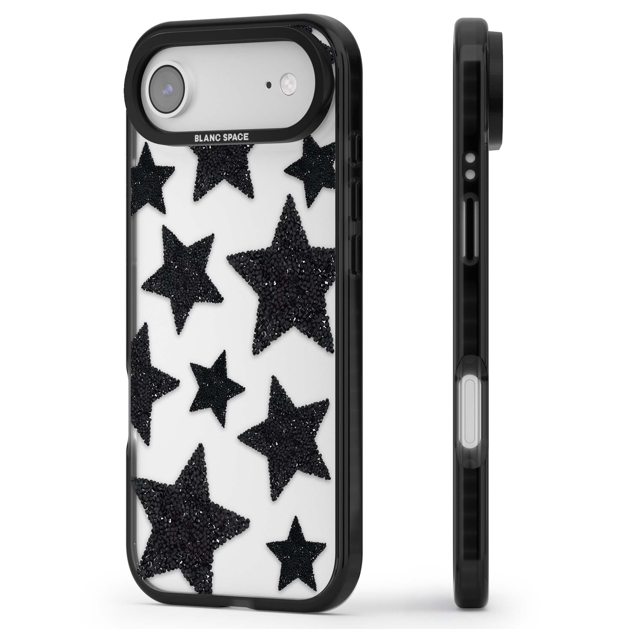 Beaded Black Stars celestial iPhone case featuring black glitter beaded stars scattered on a clear background | Clear Impact case for iPhone Air