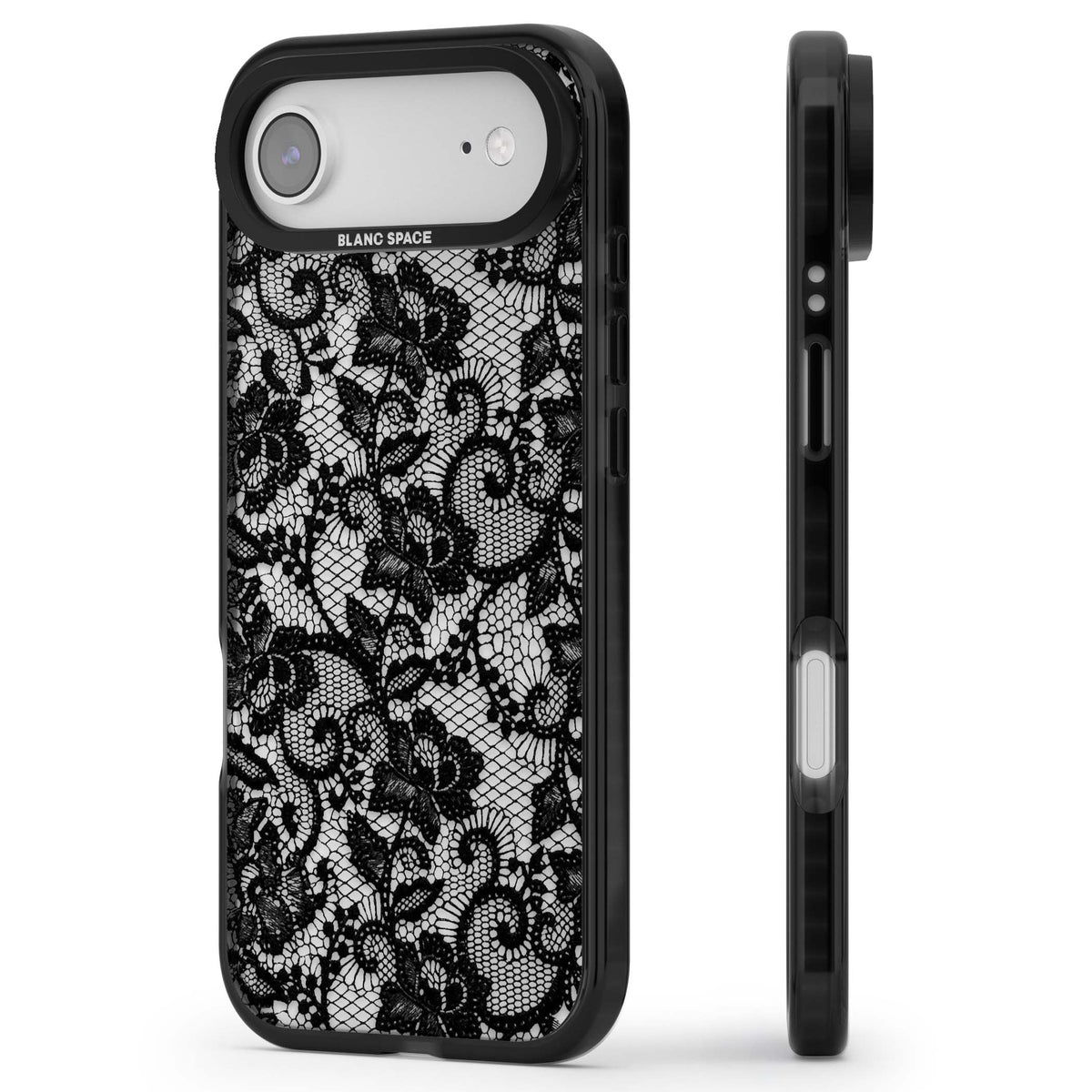 Black Lace gothic iPhone case featuring intricate black floral lace pattern with vintage whimsigoth detail | Clear Impact case for iPhone Air