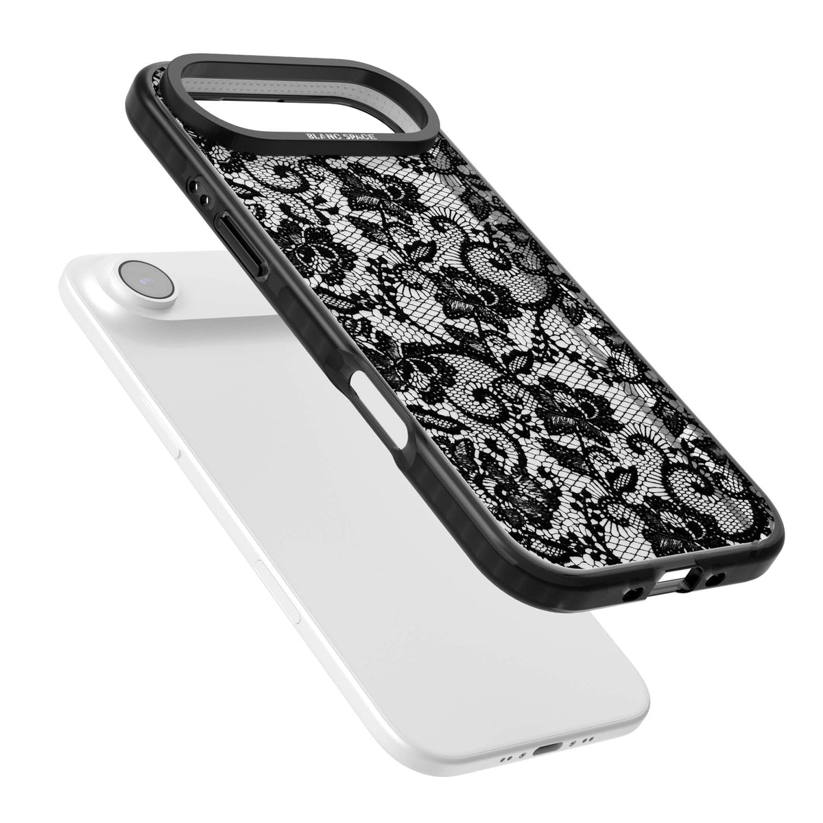 Black Lace gothic iPhone case featuring intricate black floral lace pattern with vintage whimsigoth detail | Clear Impact case for iPhone Air