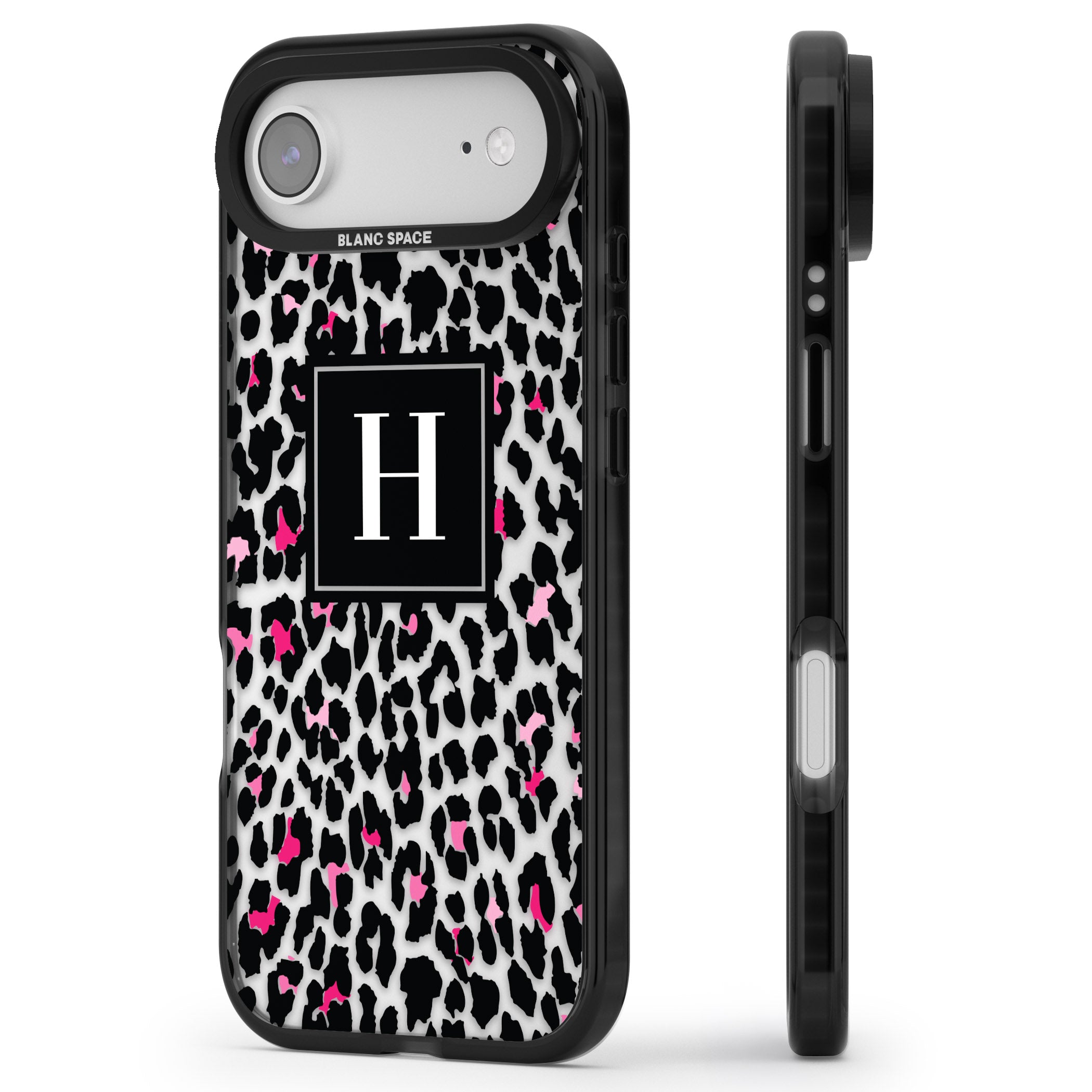 Personalised Clear Pink Leopard Monogram iPhone 17 Air Impact Black Phone Case Side Profile