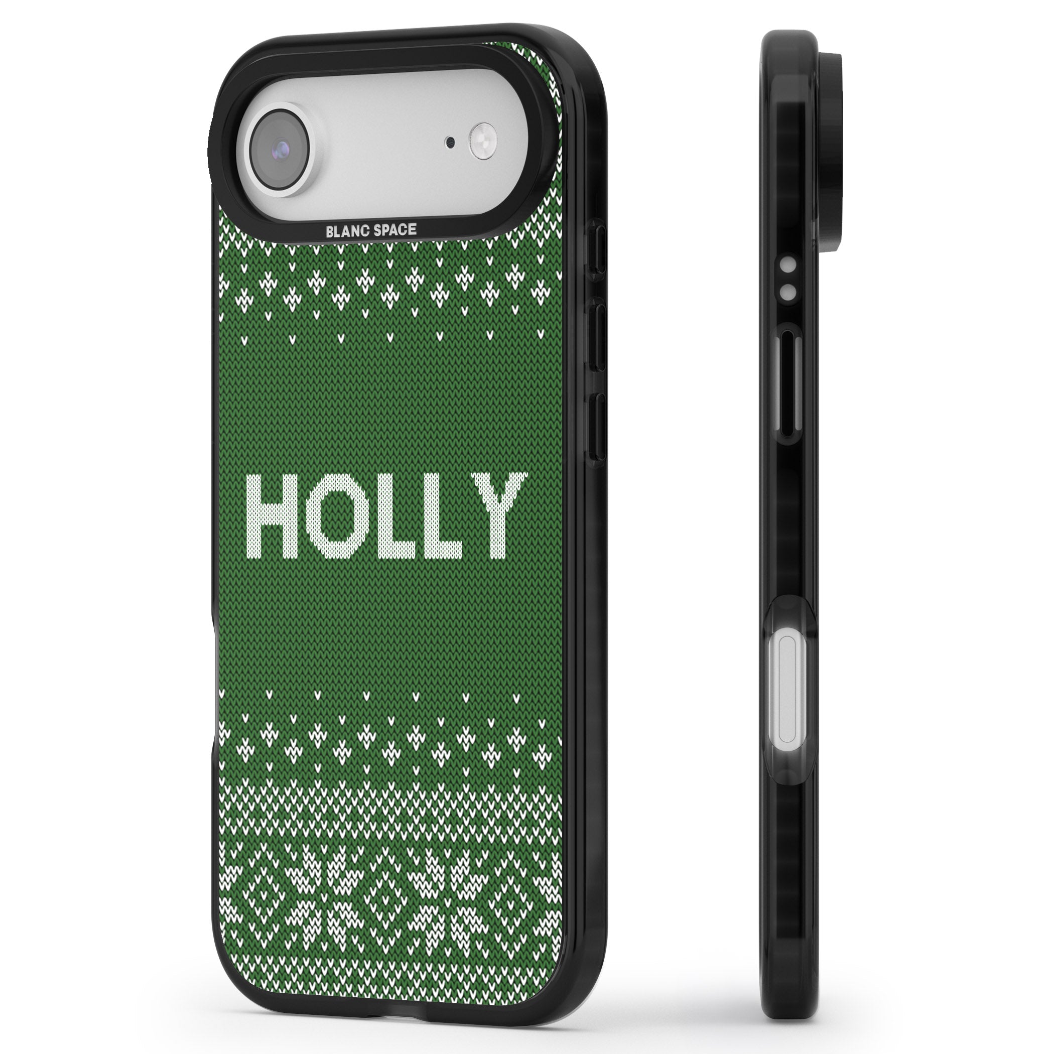 Personalised Green Christmas Knit iPhone 17 Air Impact Black Phone Case Side Profile
