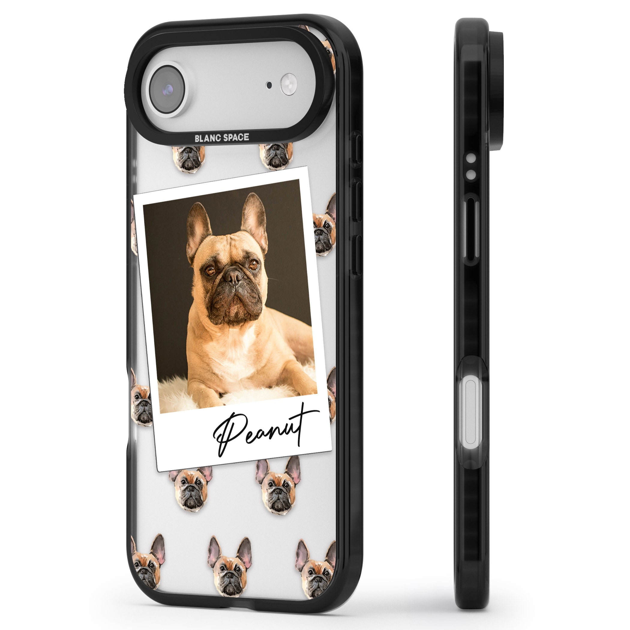 Personalised Tan French Bulldog Instant Camera Photo iPhone 17 Air Impact Black Phone Case Side Profile