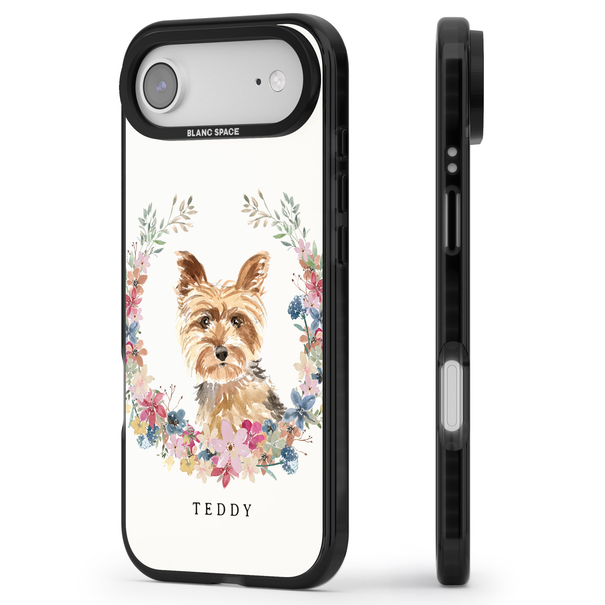 Personalised Yorkshire Terrier Floral Portrait iPhone 17 Air Impact Black Phone Case Side Profile