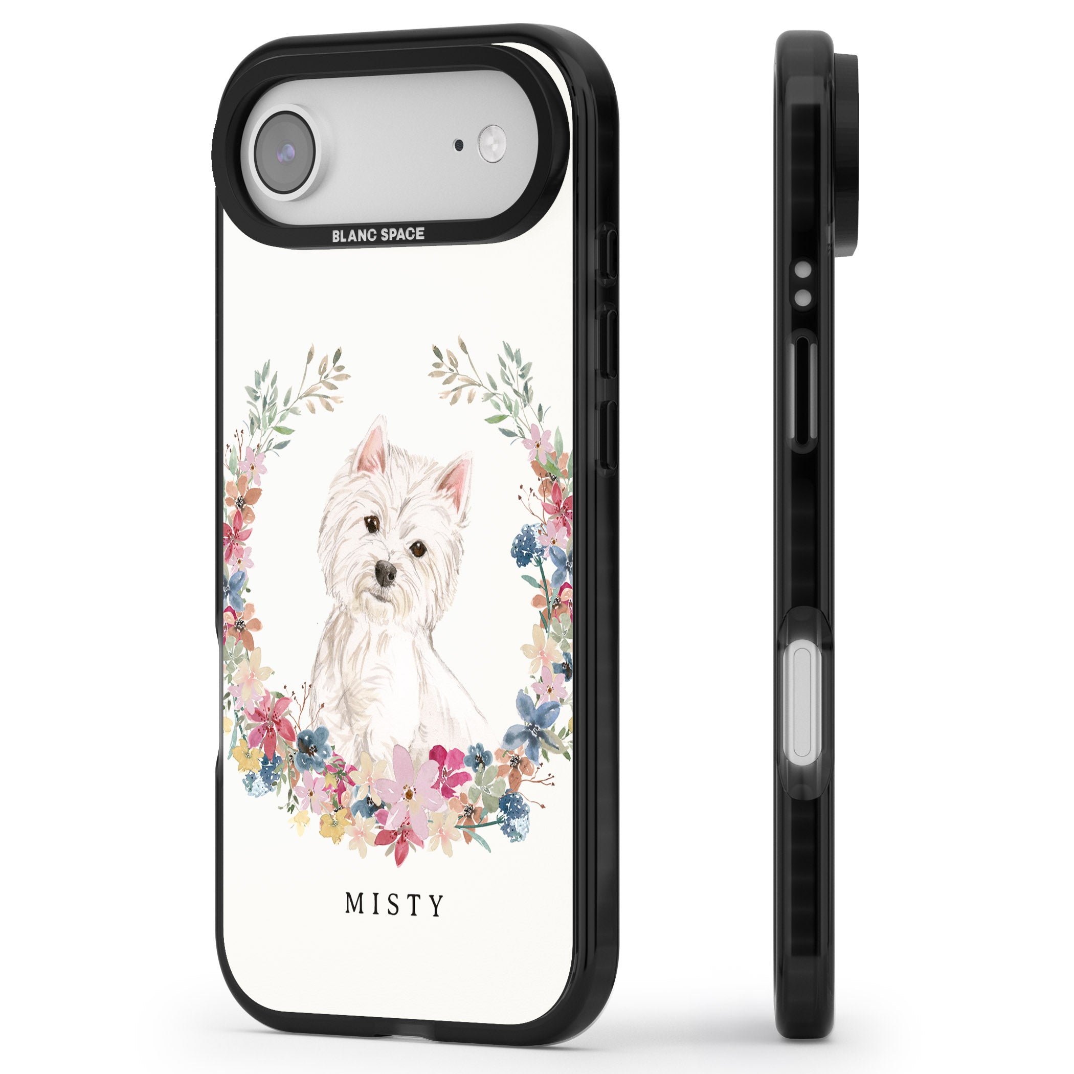 Personalised Westie Floral Portrait iPhone 17 Air Impact Black Phone Case Side Profile