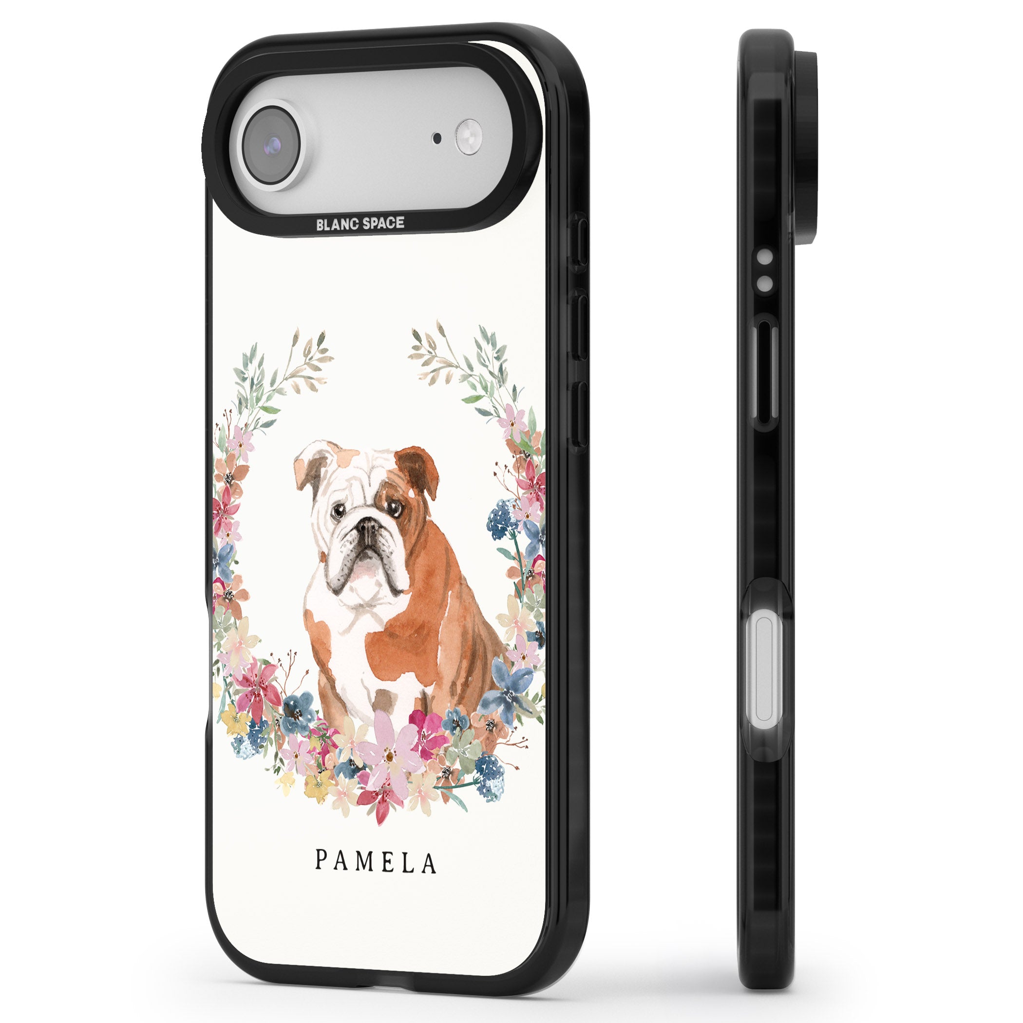 Personalised English Bulldog Floral Portrait iPhone 17 Air Impact Black Phone Case Side Profile