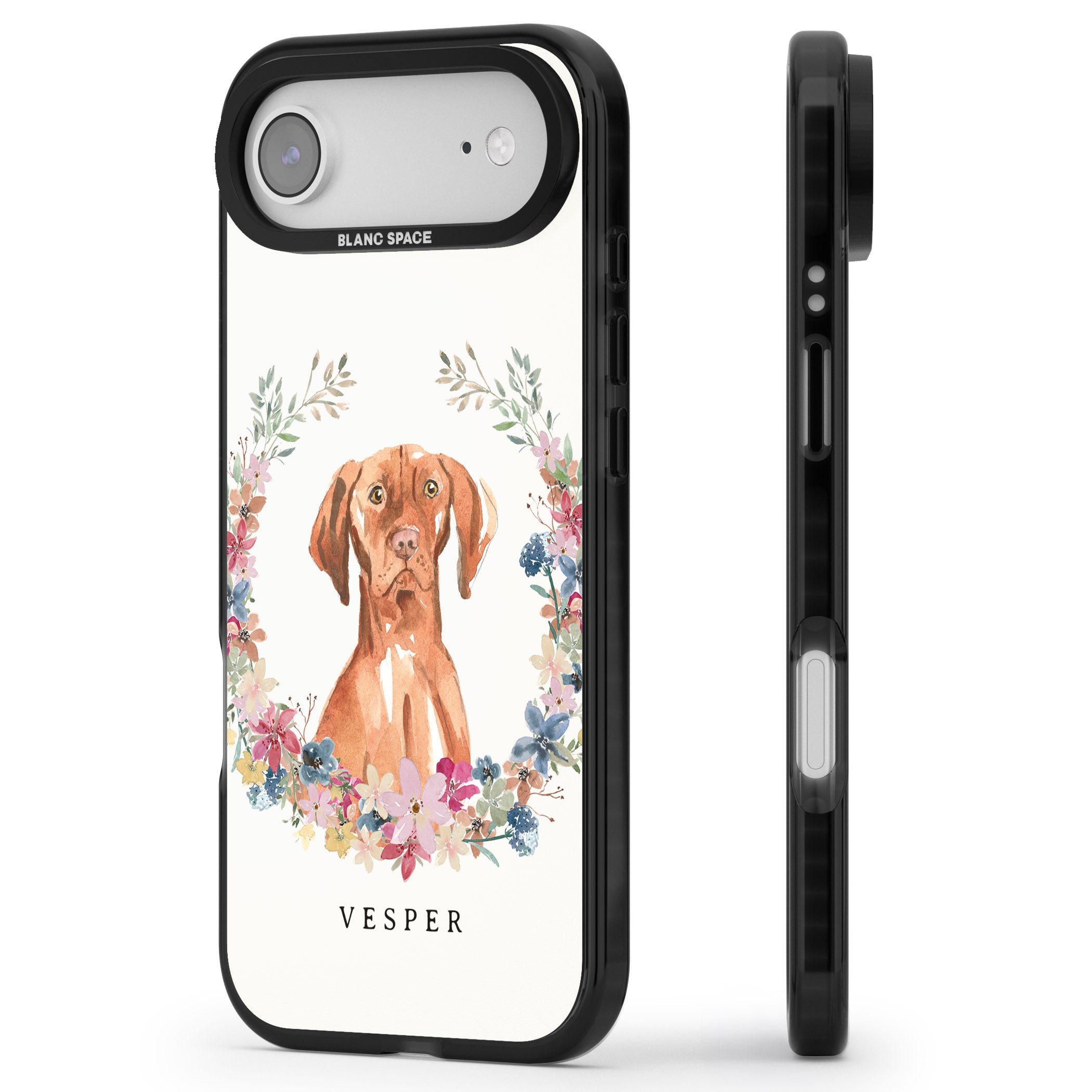 Personalised Hungarian Vizsla Floral Portrait iPhone 17 Air Impact Black Phone Case Side Profile