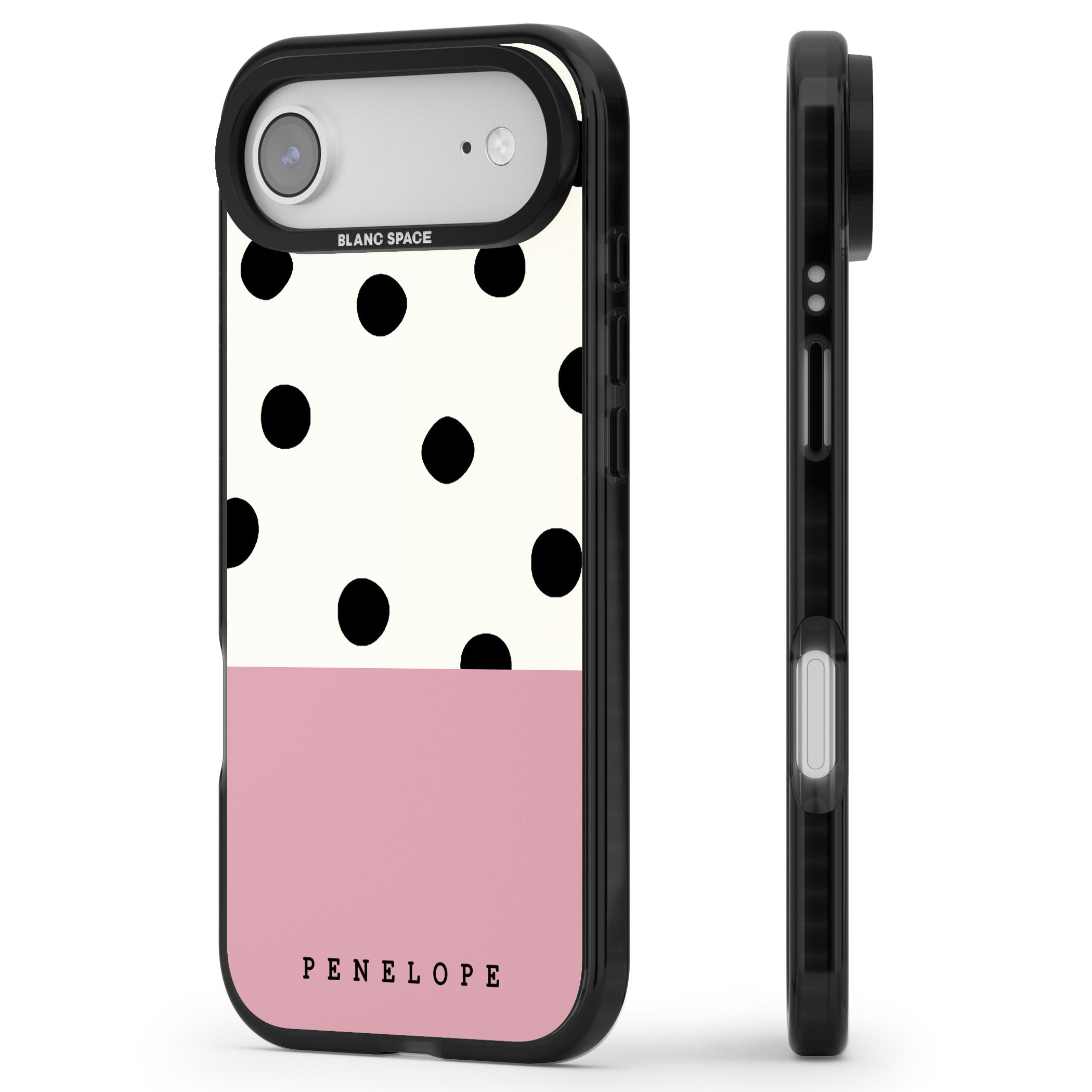 Personalised Pink Border Polka Dot iPhone 17 Air Impact Black Phone Case Side Profile