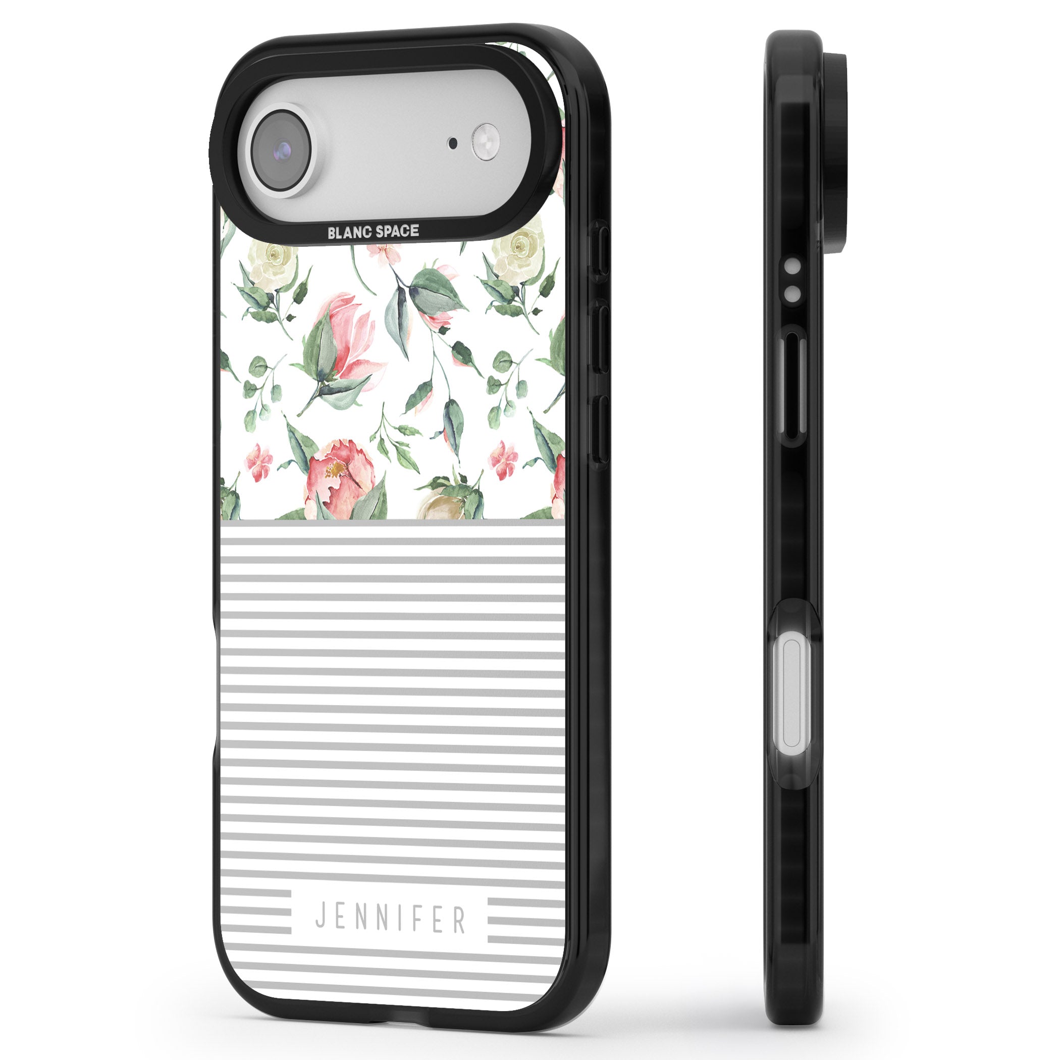 Personalised Light Floral Pattern & Stripes iPhone 17 Air Impact Black Phone Case Side Profile