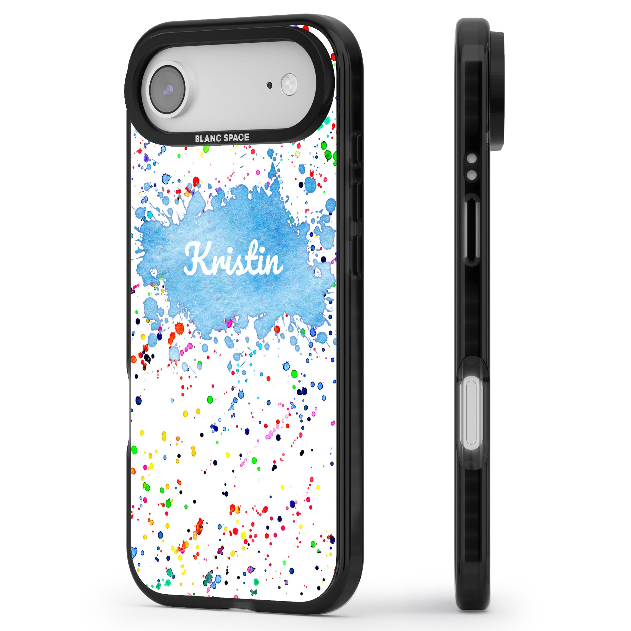 Personalised Rainbow Splatter Name iPhone 17 Air Impact Black Phone Case Side Profile