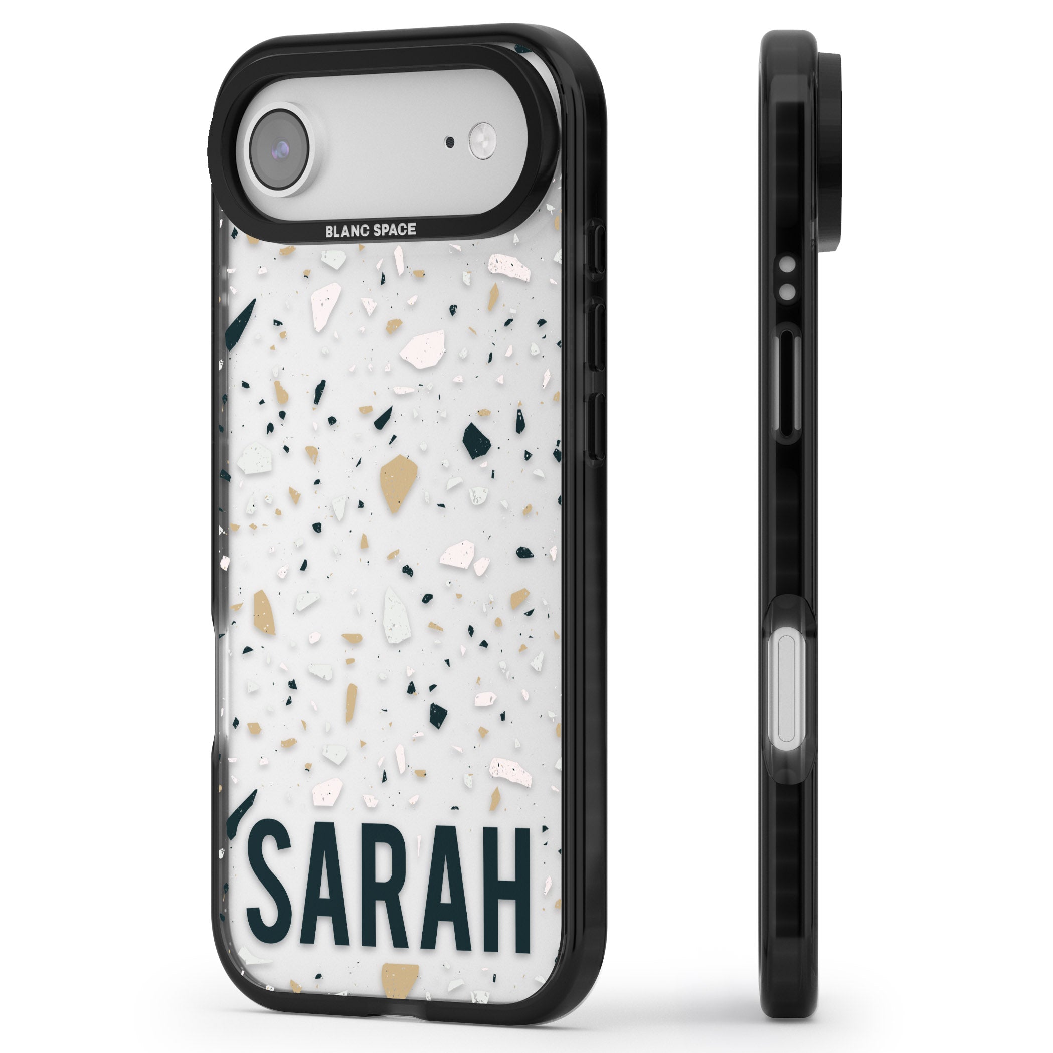 Personalised Terrazzo Blue, Pink, Brown iPhone 17 Air Impact Black Phone Case Side Profile