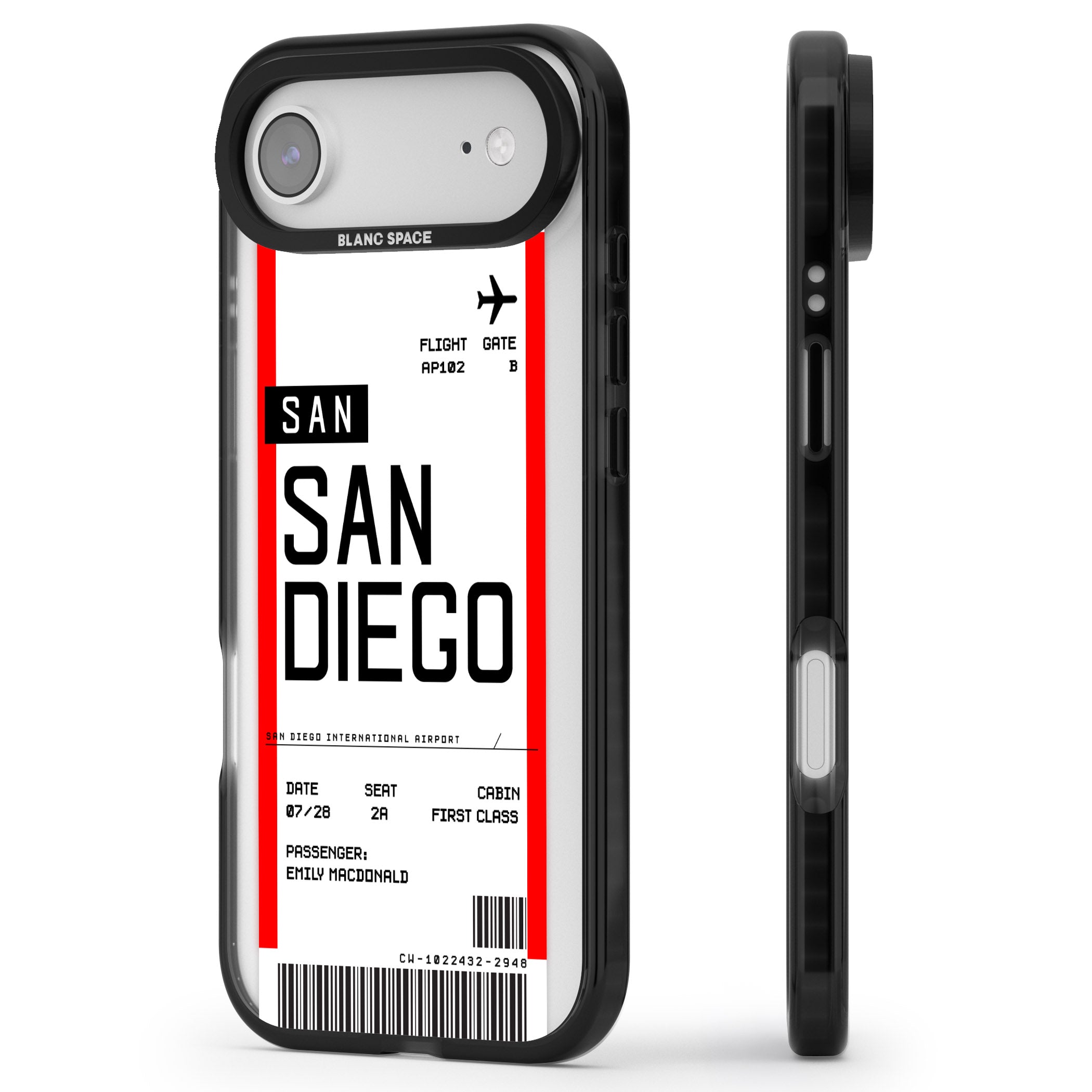 Personalised San Diego Boarding Pass iPhone 17 Air Impact Black Phone Case Side Profile