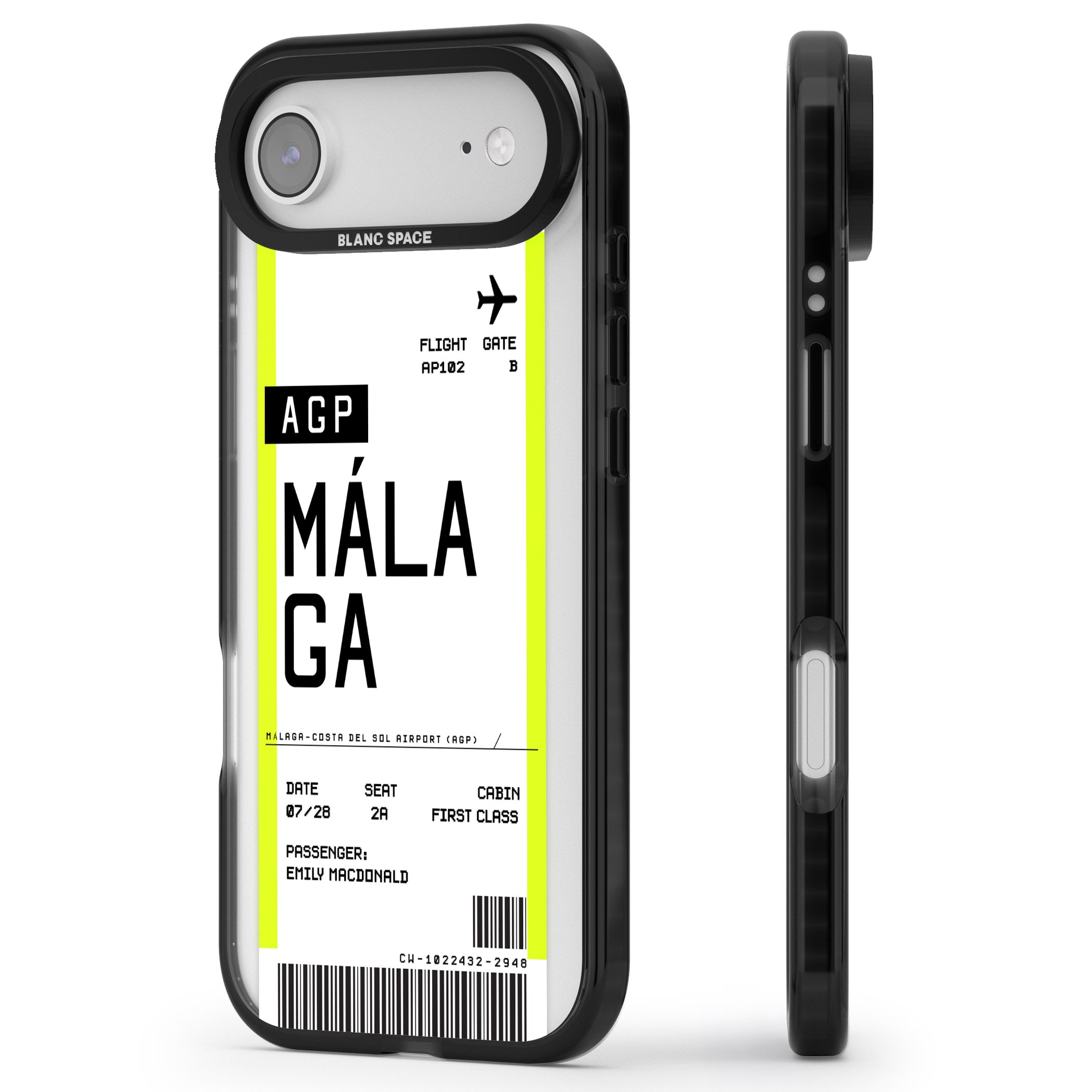 Personalised Málaga Boarding Pass iPhone 17 Air Impact Black Phone Case Side Profile