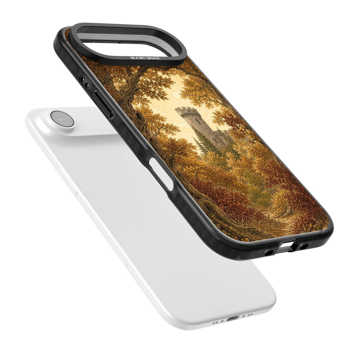 Autumn Keep cottagecore iPhone case featuring a medieval castle tower framed by golden autumn trees and woodland foliage | Clear Impact case for iPhone Air