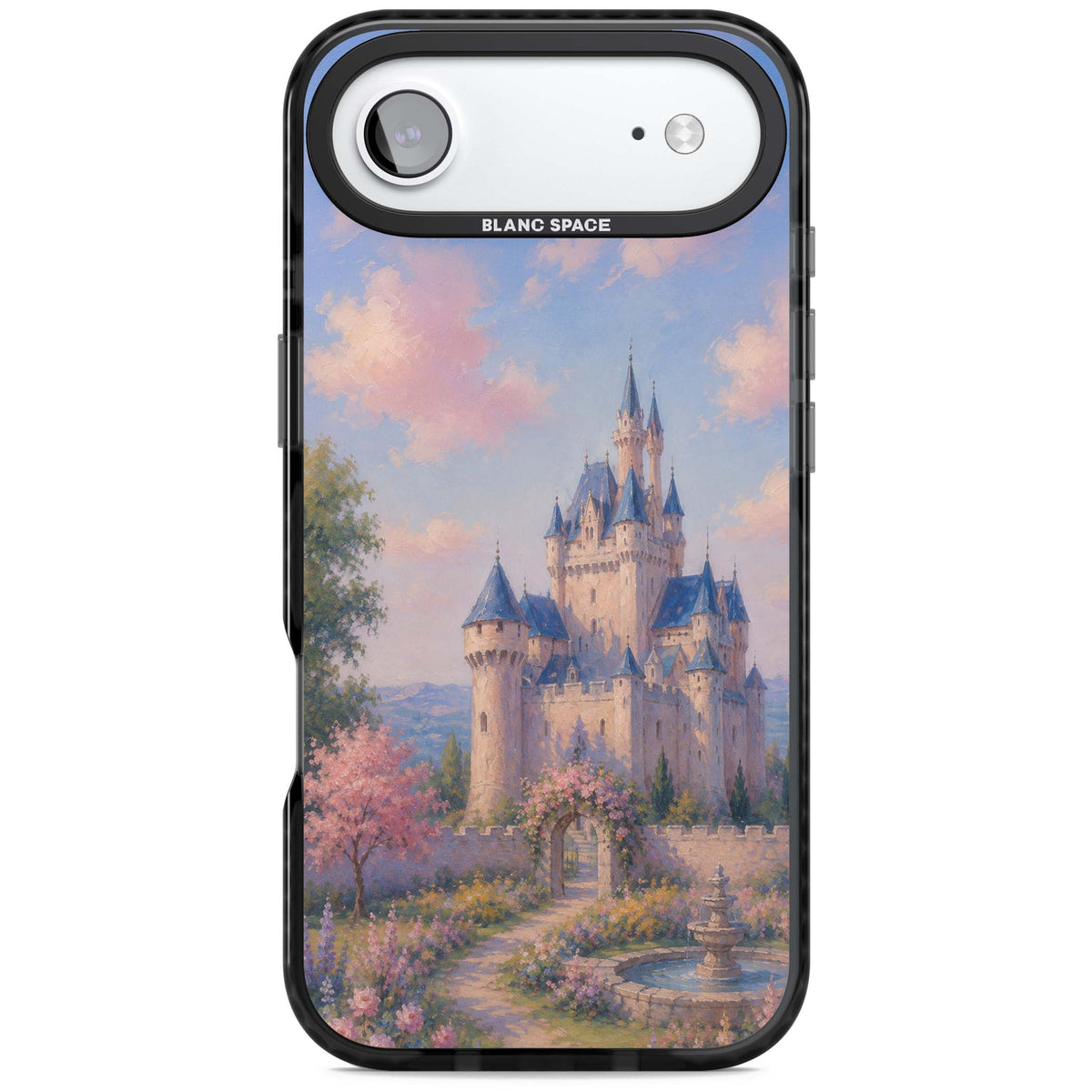 Enchanted Kingdom fairytale iPhone case featuring a romantic castle painting with cherry blossoms and pastel pink sky | Clear Impact case for iPhone Air
