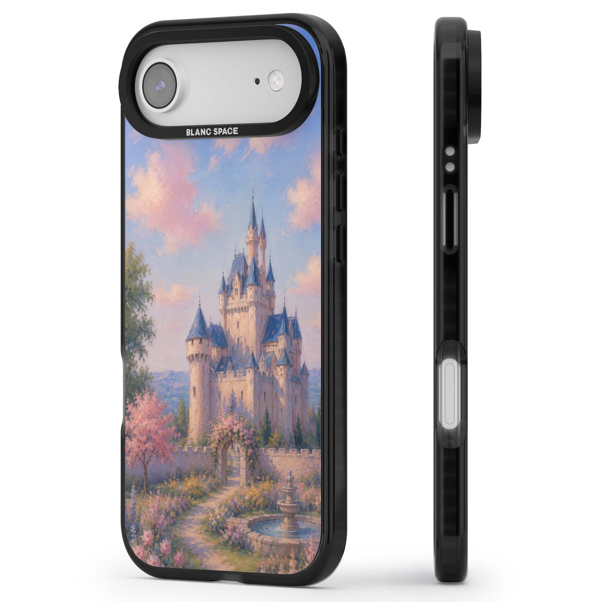 Enchanted Kingdom fairytale iPhone case featuring a romantic castle painting with cherry blossoms and pastel pink sky | Clear Impact case for iPhone Air