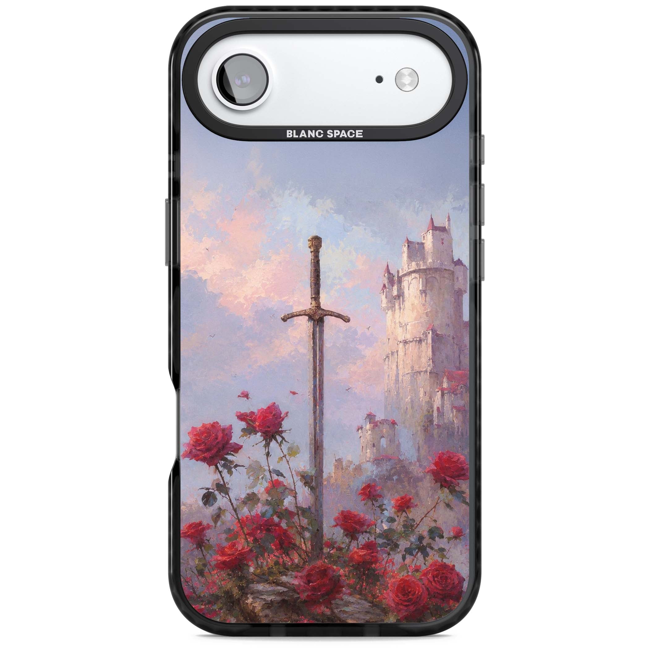 Sword in Roses medieval art iPhone case featuring a sword, red roses, and a misty fairytale castle at sunset | Clear Impact case for iPhone Air