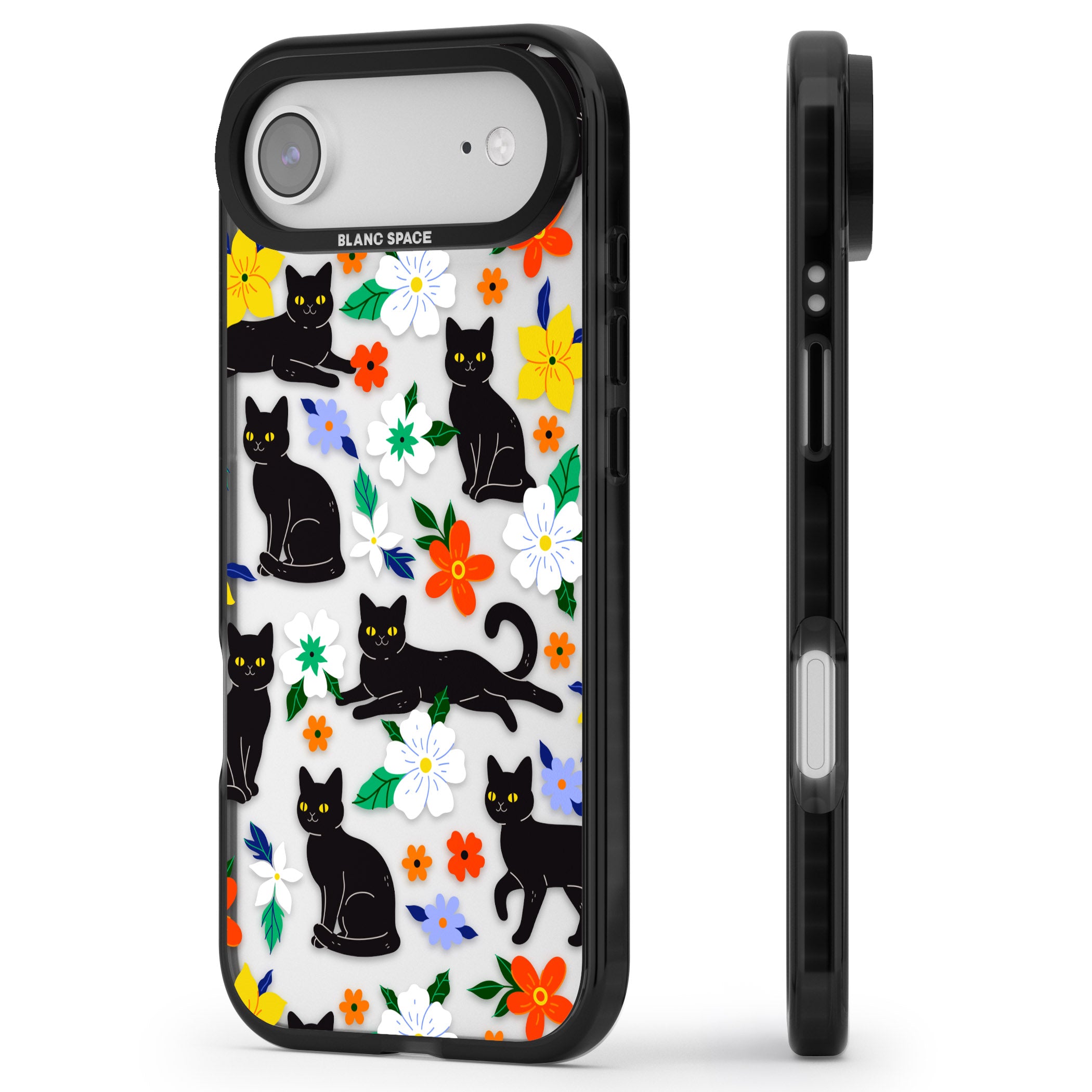 Cats Flowers iPhone 17 Air Impact Black Phone Case Side Profile