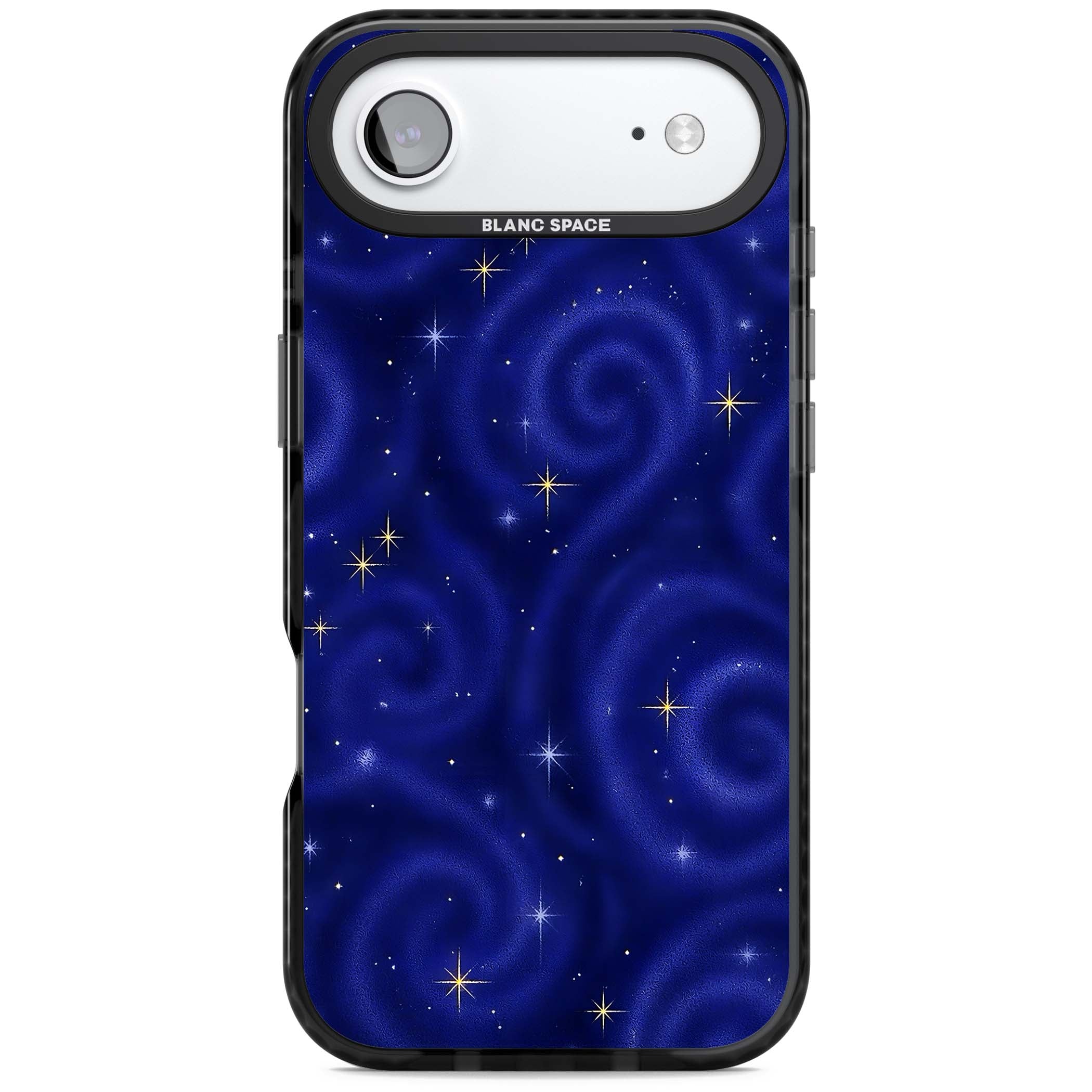 Indigo Cosmos celestial iPhone case featuring swirling navy night sky and sparkling golden stars | Clear Impact case for iPhone Air
