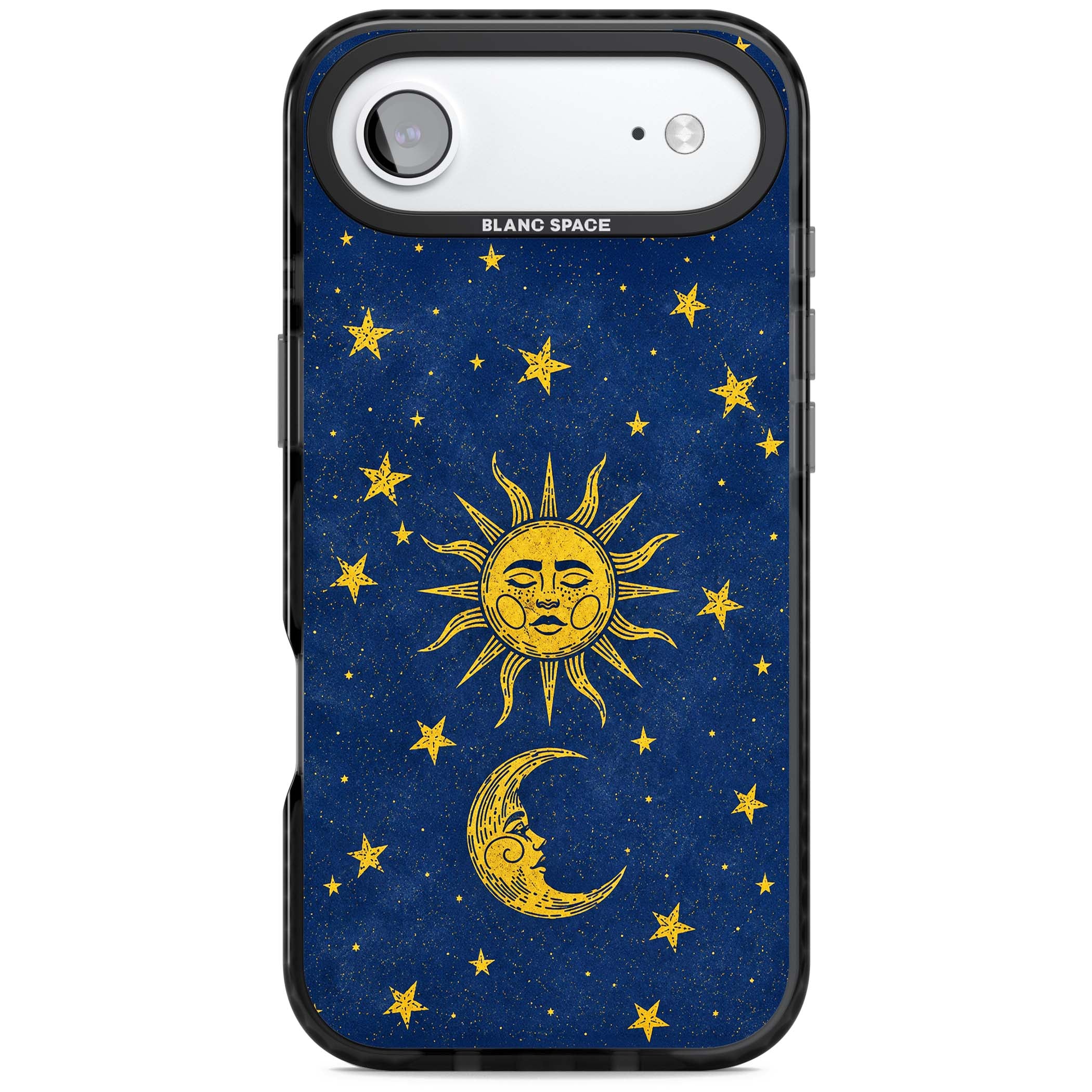 Sun & Moon Reverie celestial iPhone case featuring a vintage golden sun, crescent moon and scattered stars on midnight blue | Clear Impact case for iPhone Air