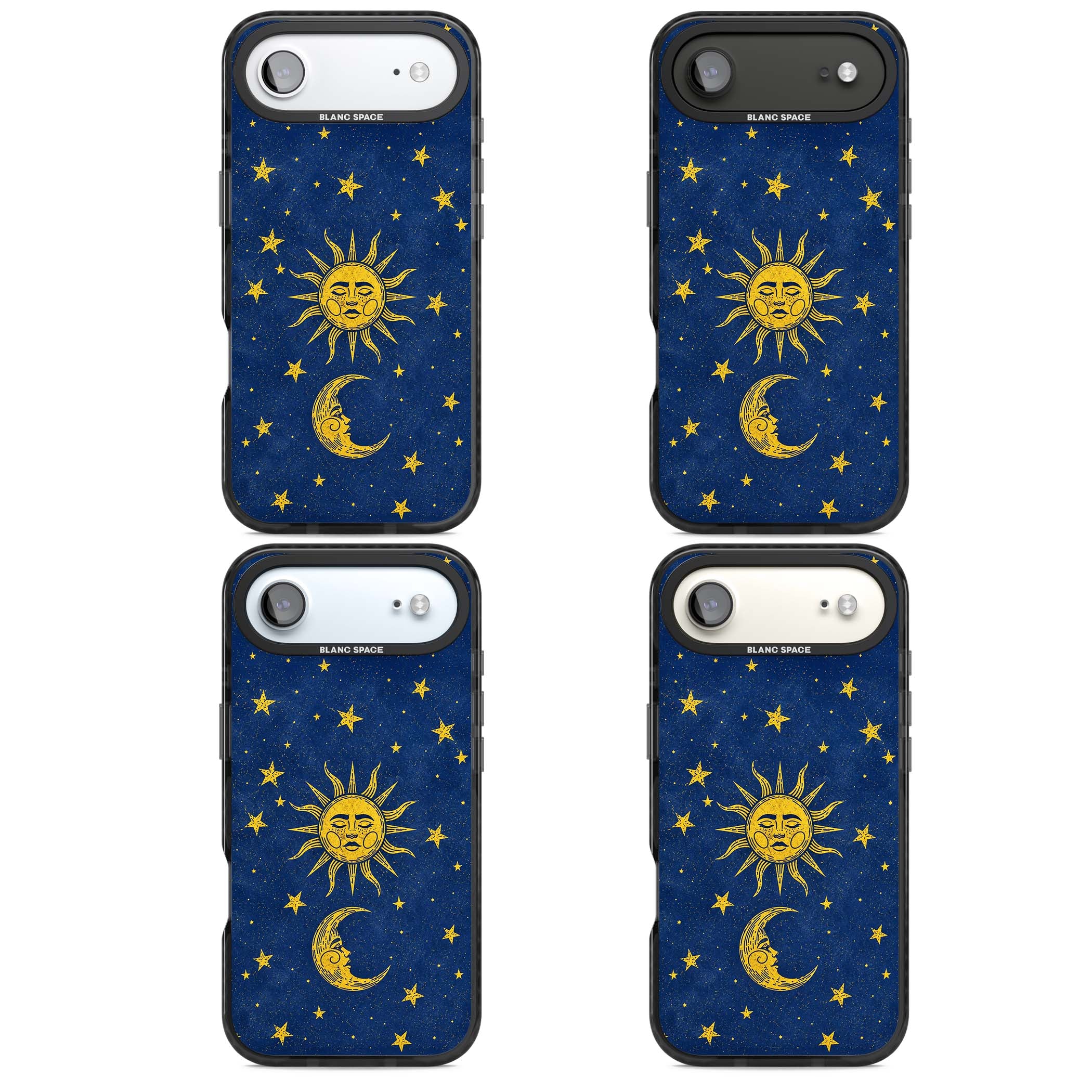 Sun & Moon Reverie celestial iPhone case featuring a vintage golden sun, crescent moon and scattered stars on midnight blue | Clear Impact case for iPhone Air