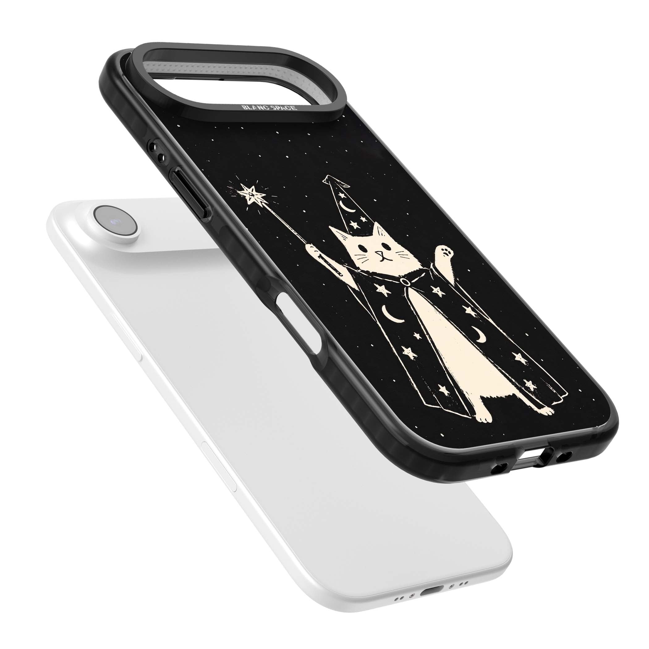 Whisker Wizard celestial cat iPhone case featuring a wizard cat with magic wand, starry night sky and crescent moons | Clear Impact case for iPhone Air