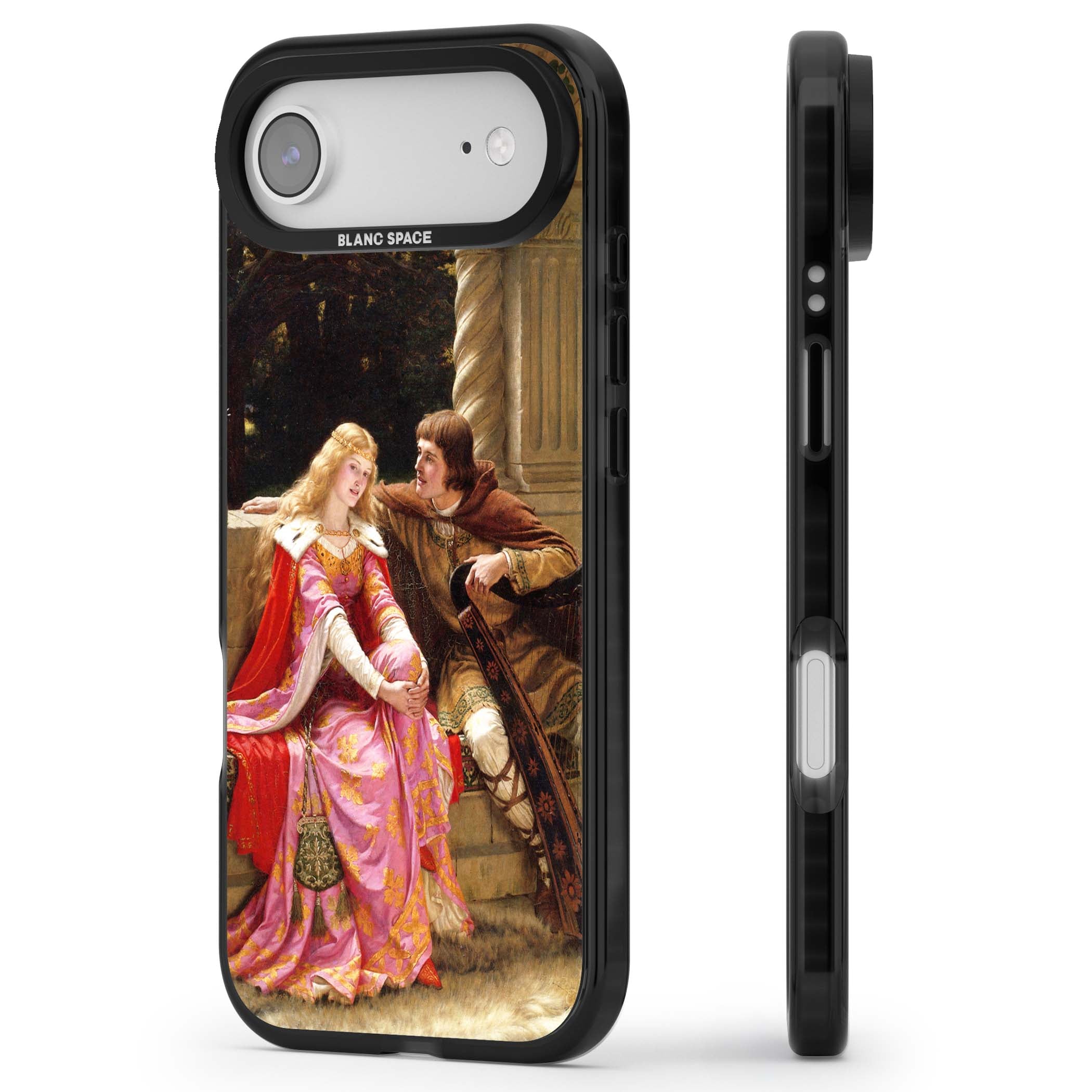 The End of the Song classic art iPhone case featuring a medieval lady in pink gown and her knight in a stone archway | Clear Impact case for iPhone Air
