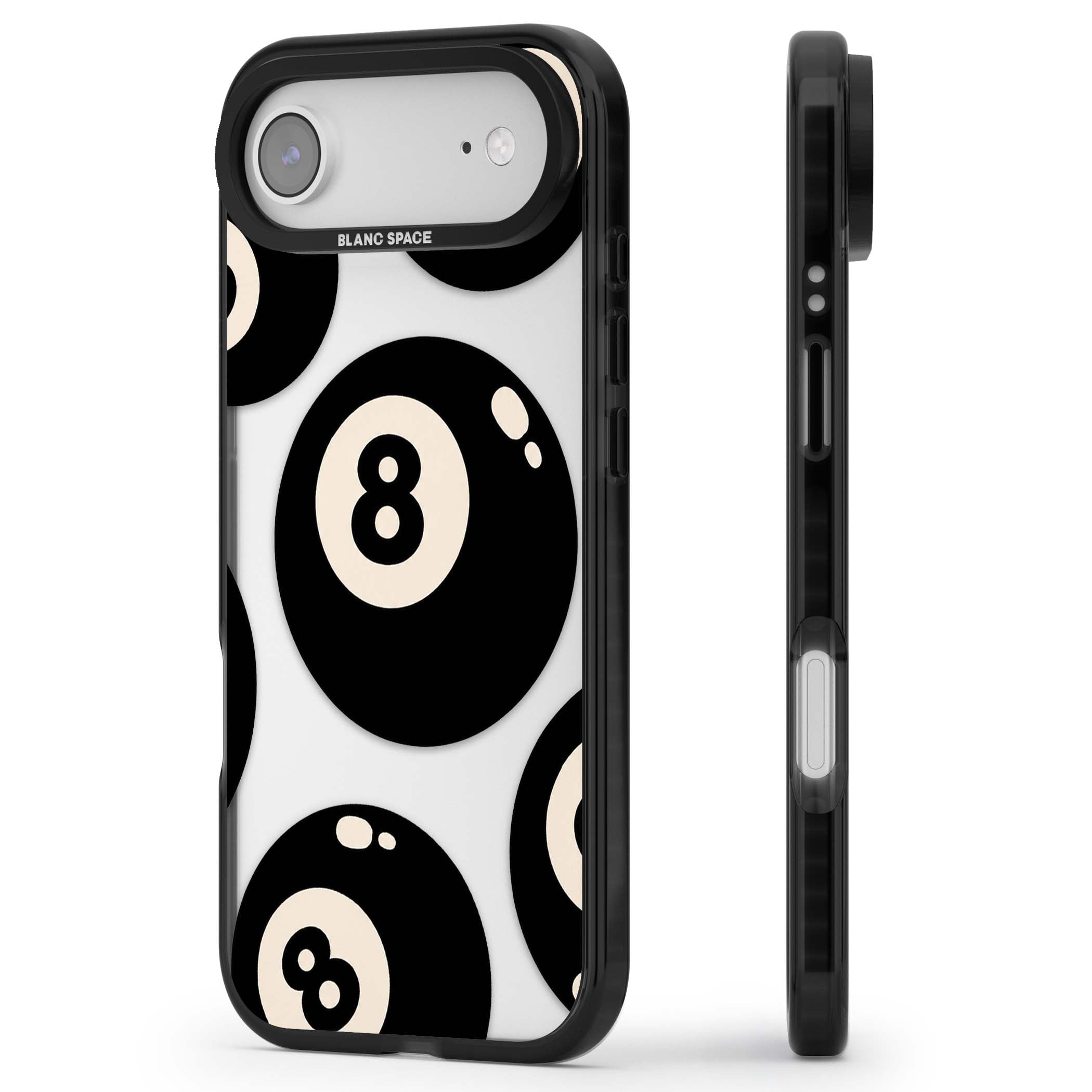 Eights y2k iPhone case featuring scattered black 8 balls with cream highlights on a clear background | Clear Impact case for iPhone Air