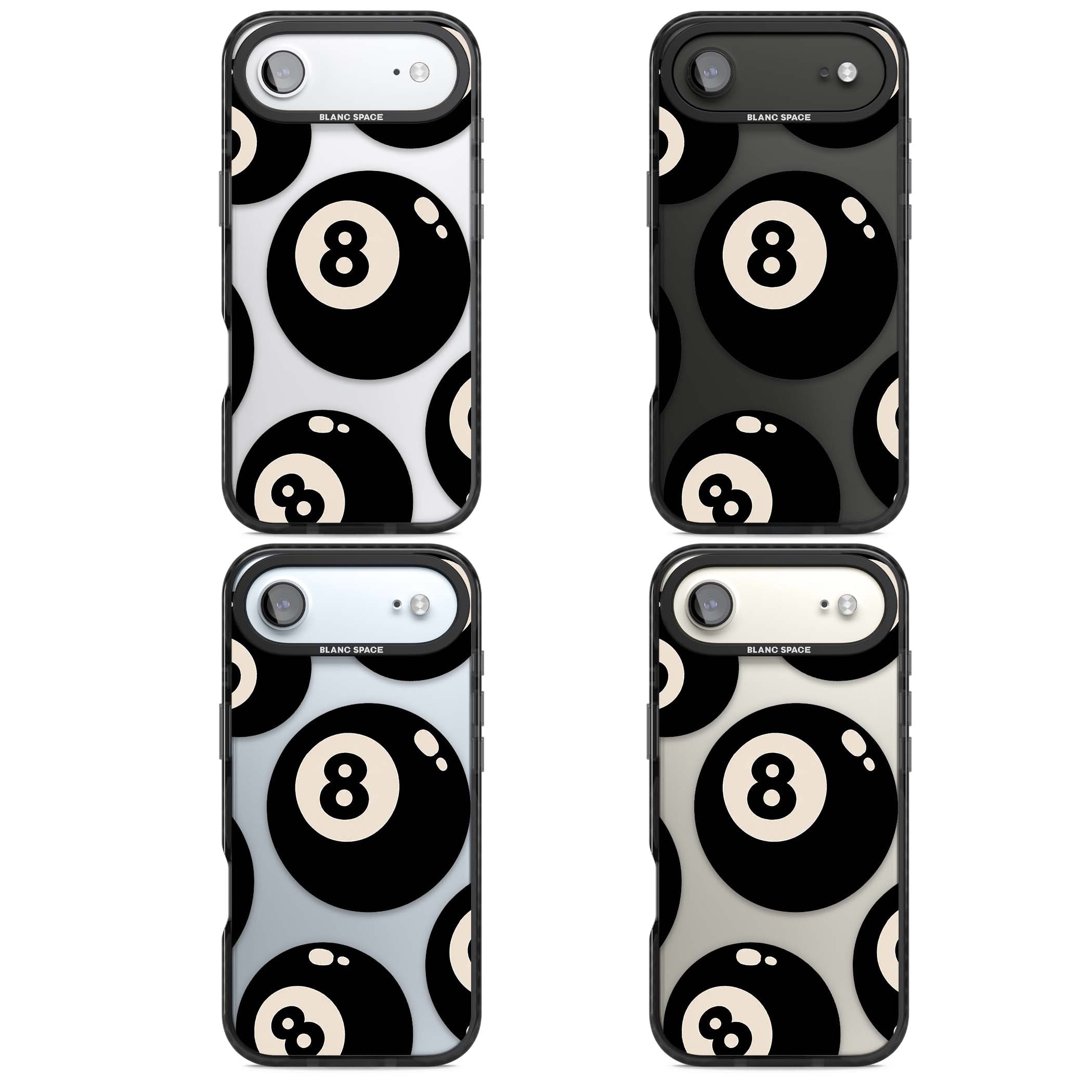 Eights y2k iPhone case featuring scattered black 8 balls with cream highlights on a clear background | Clear Impact case for iPhone Air