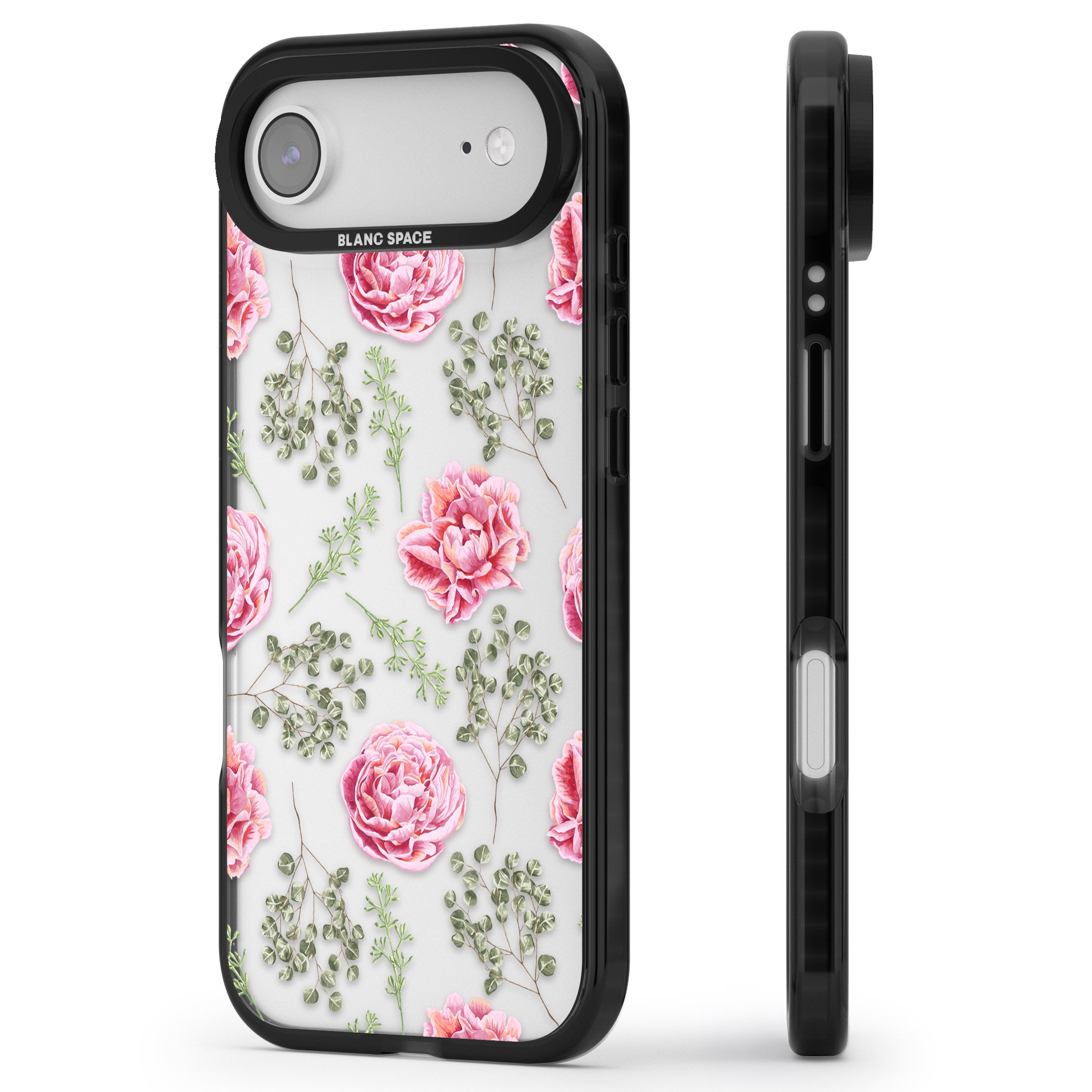 Roses & Eucalyptus Floral iPhone 17 Air Impact Black Phone Case Side Profile