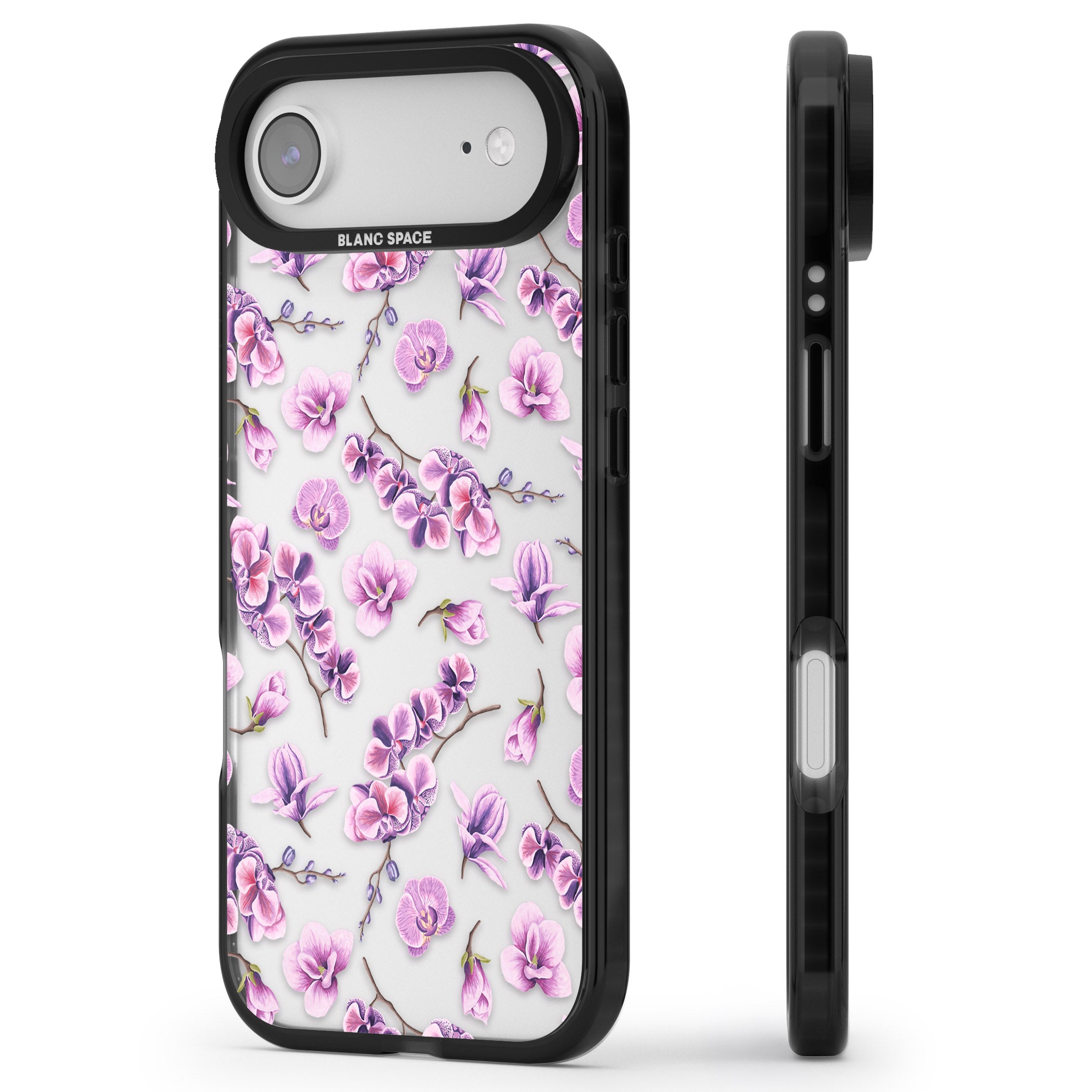 Purple Orchids Floral iPhone 17 Air Impact Black Phone Case Side Profile