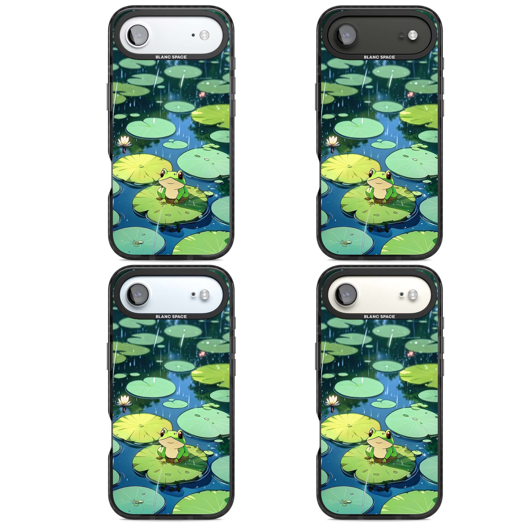 Frog In Lily Pond cottagecore iPhone case featuring a cute green frog on a lily pad with falling rain and a lotus flower | Clear Impact case for iPhone Air