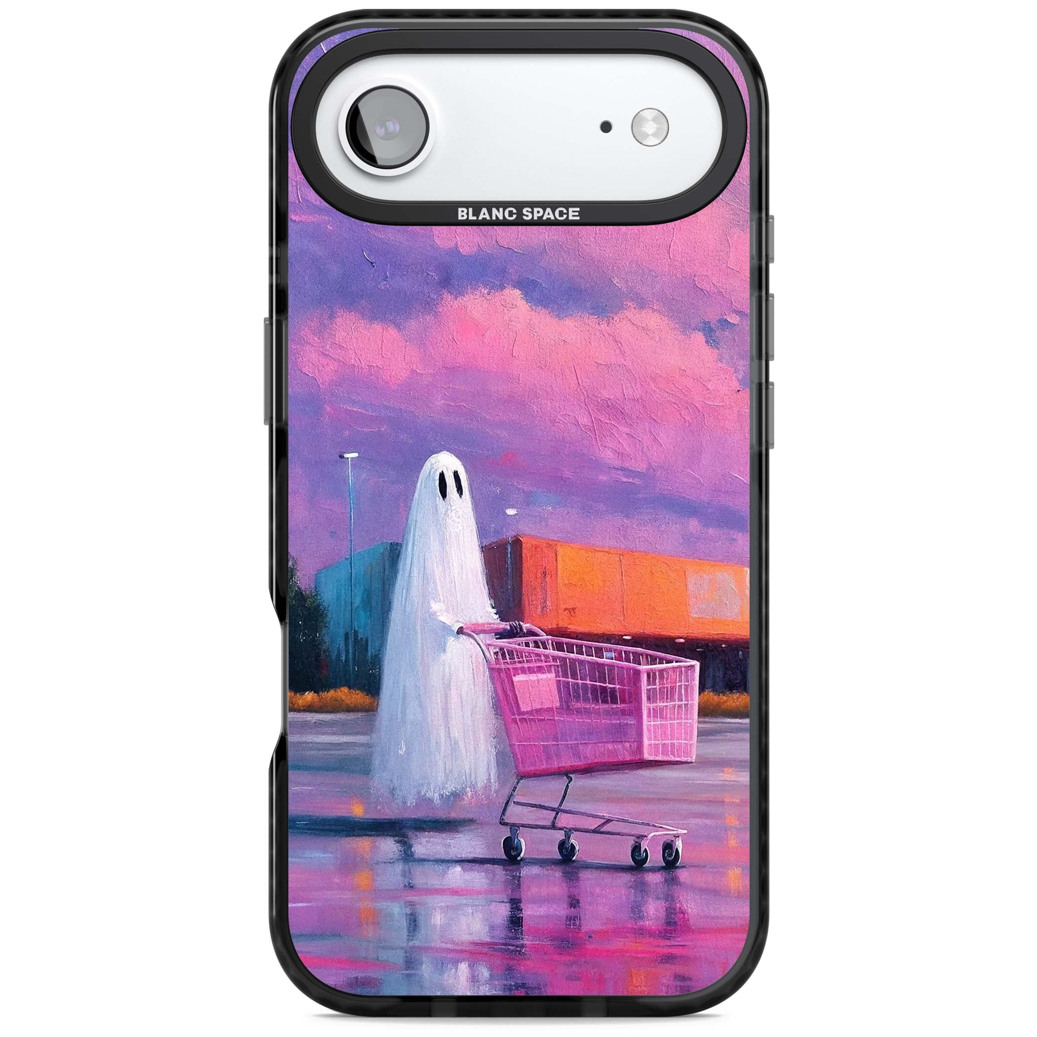 A Ghost's Errand ghost halloween iPhone case featuring a painted ghost, pink shopping trolley and purple sunset sky | Clear Impact case for iPhone Air