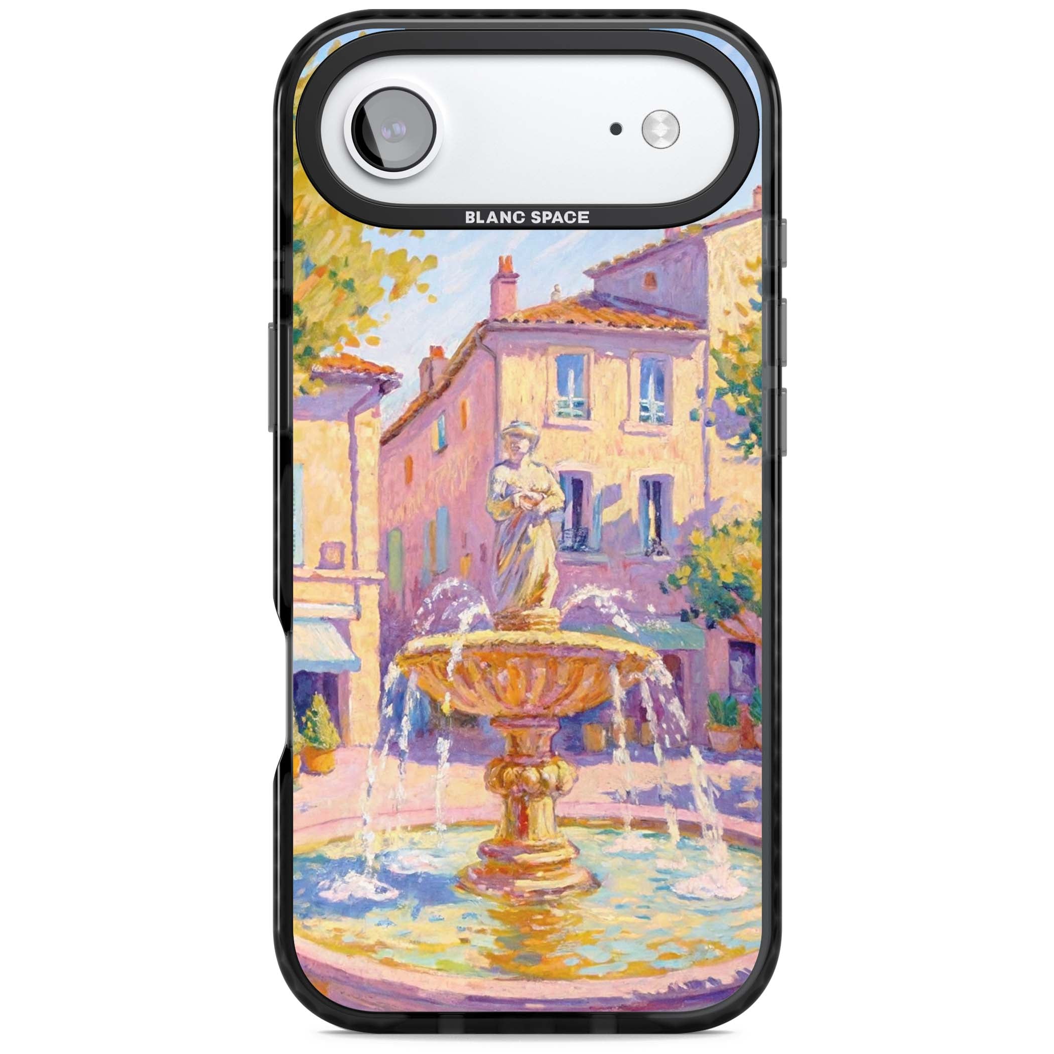 Fountain Square fine art iPhone case featuring an impressionist Provençal fountain, pastel village buildings and summe | Clear Impact case for iPhone Air