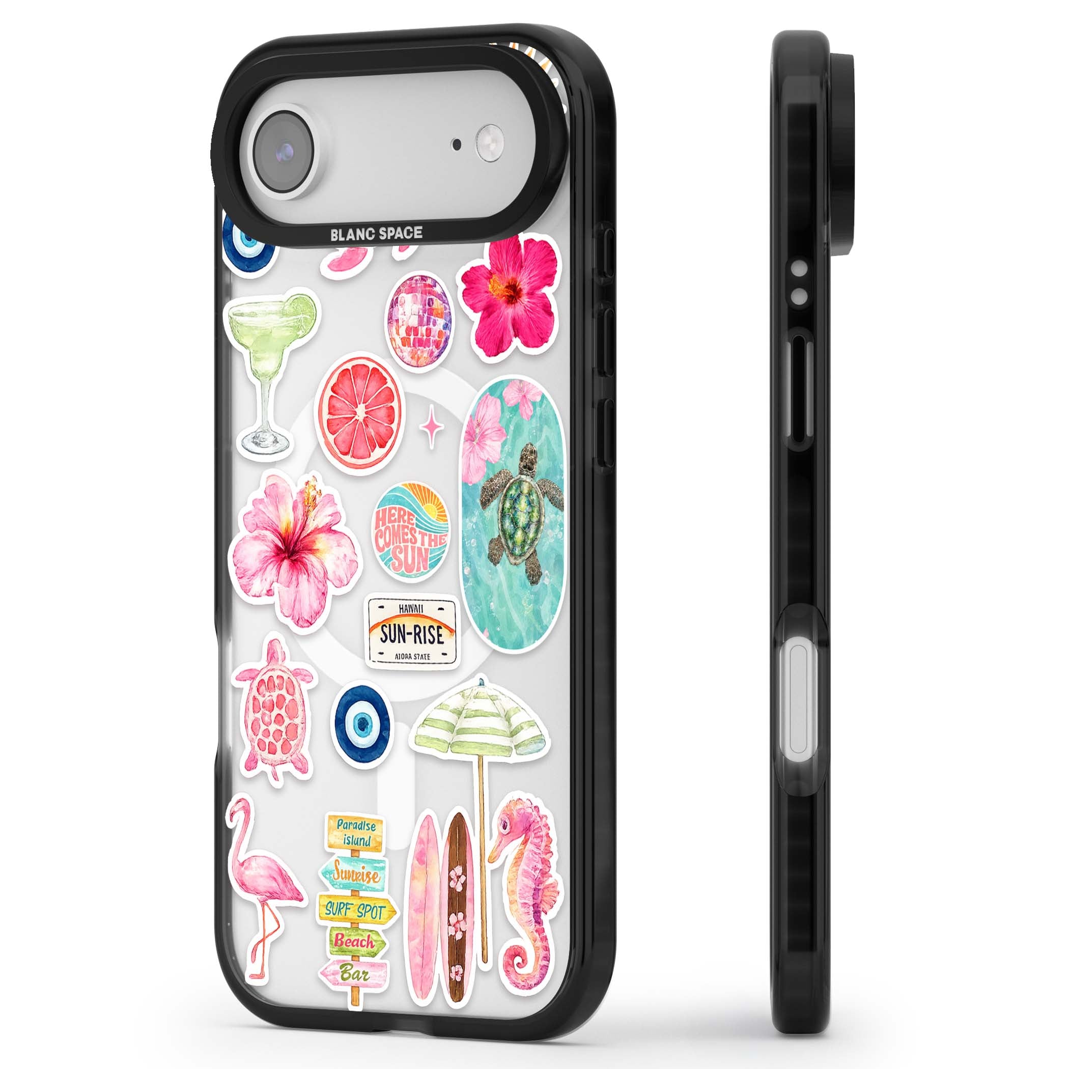 Aloha Sticker Mix tropical summer iPhone case featuring pink hibiscus, sea turtles, flamingo and beach umbrella stickers | Black Impact Magsafe case for iPhone Air