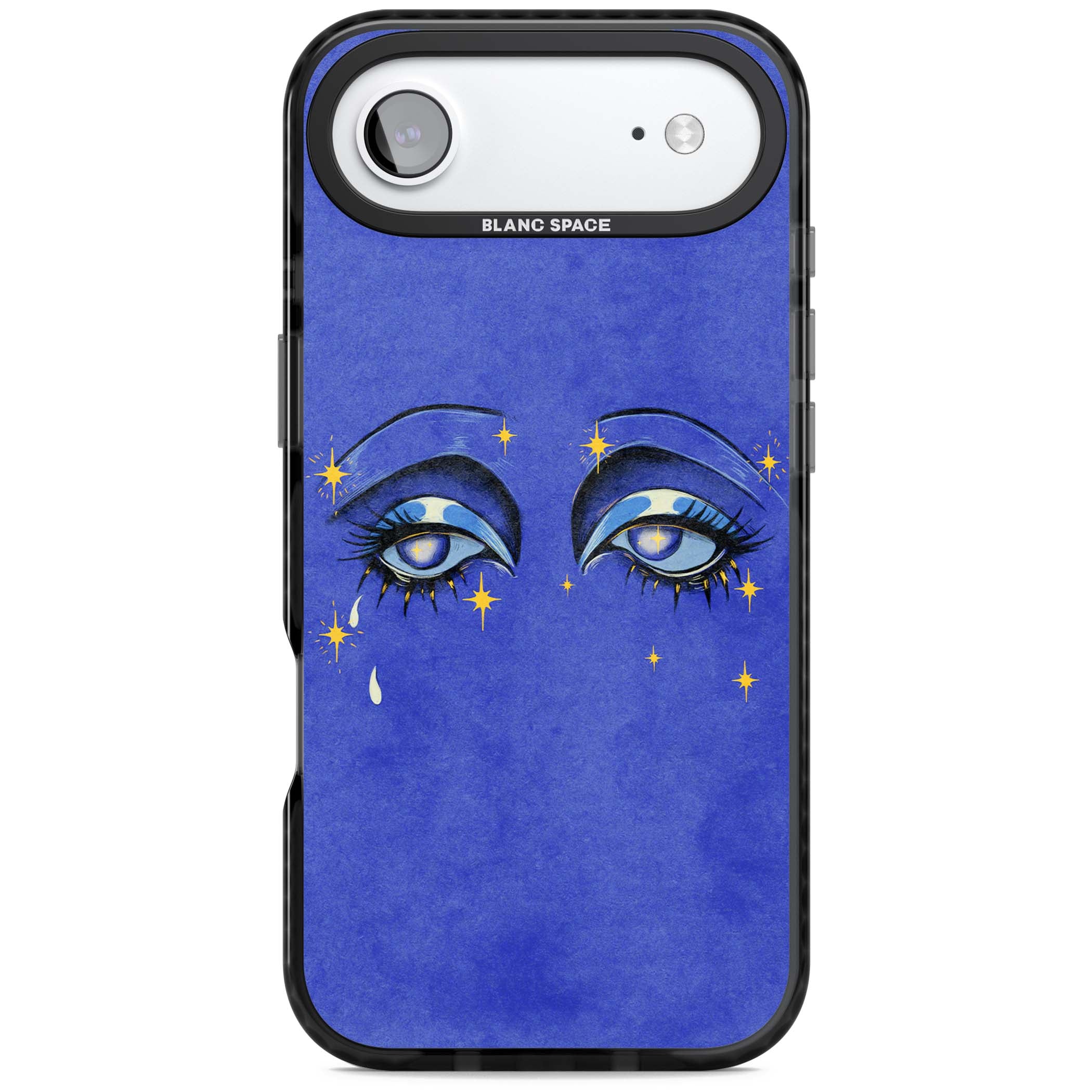 Blue Mystic Eyes celestial iPhone case featuring hand drawn blue mystical eyes, golden stars and a painted tear on indigo | Black Impact Magsafe case for iPhone Air