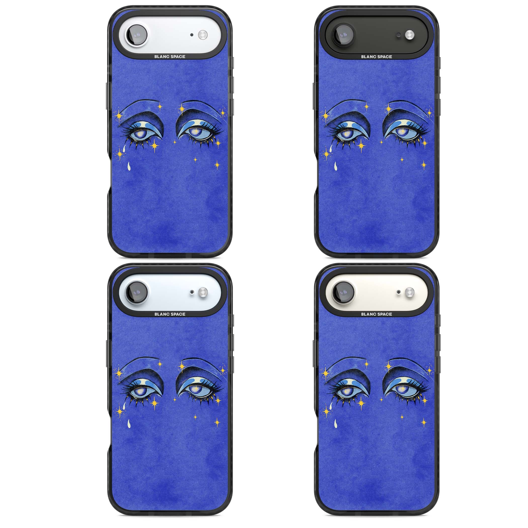 Blue Mystic Eyes celestial iPhone case featuring hand drawn blue mystical eyes, golden stars and a painted tear on indigo | Black Impact Magsafe case for iPhone Air