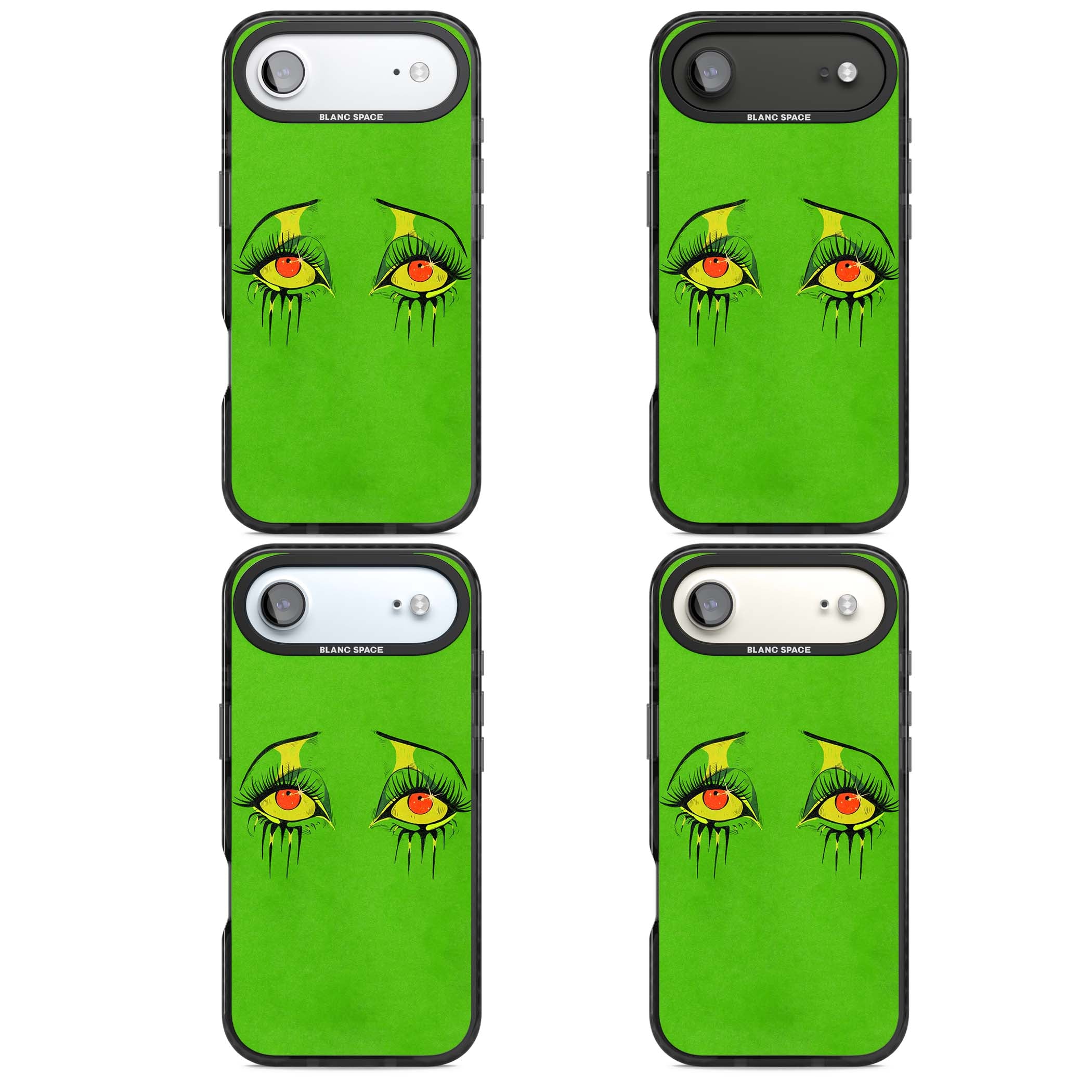 Green Enchanted Eyes psychedelic art iPhone case featuring hand-drawn dripping eyes on neon green background | Black Impact Magsafe case for iPhone Air