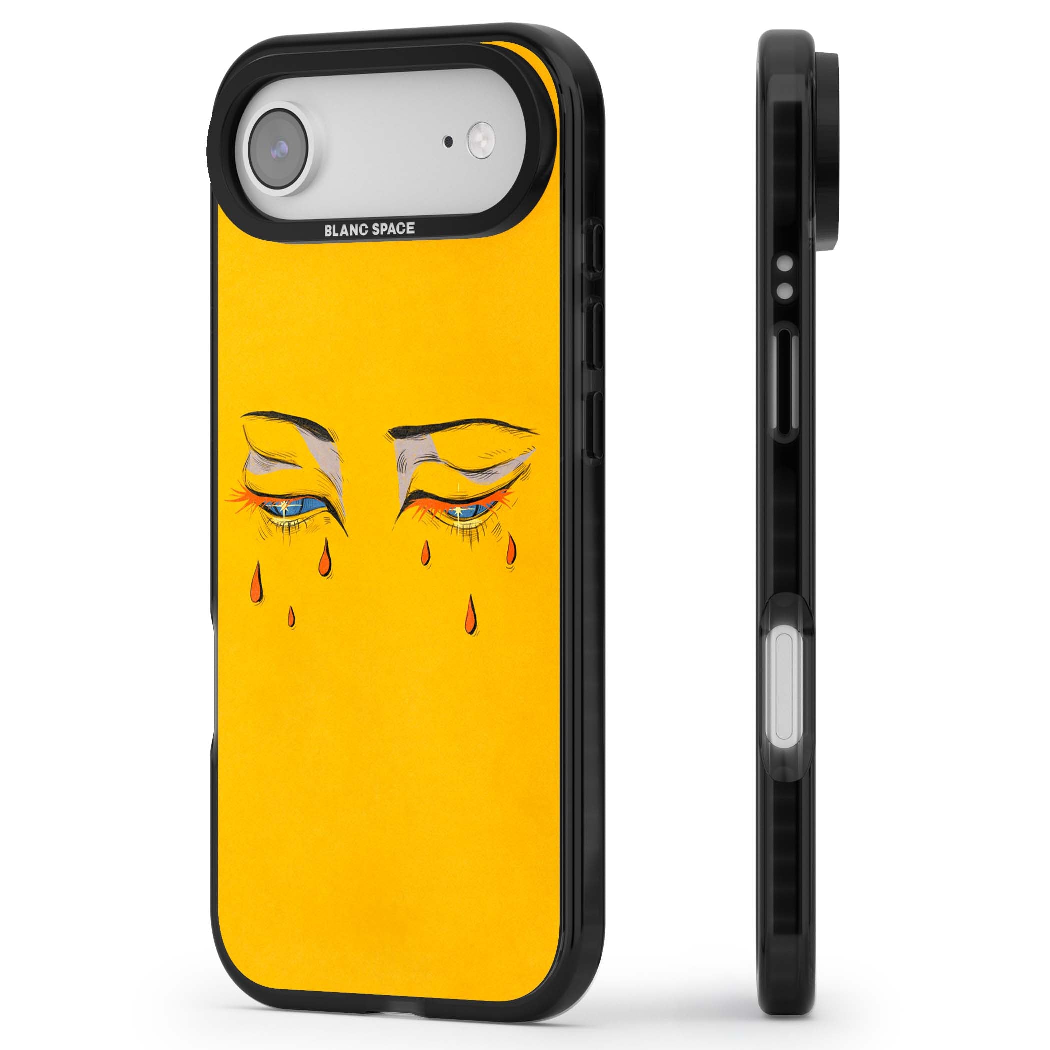Yellow Tearful Eyes indie iPhone case featuring hand-drawn crying eyes with orange tears on a yellow background | Black Impact Magsafe case for iPhone Air