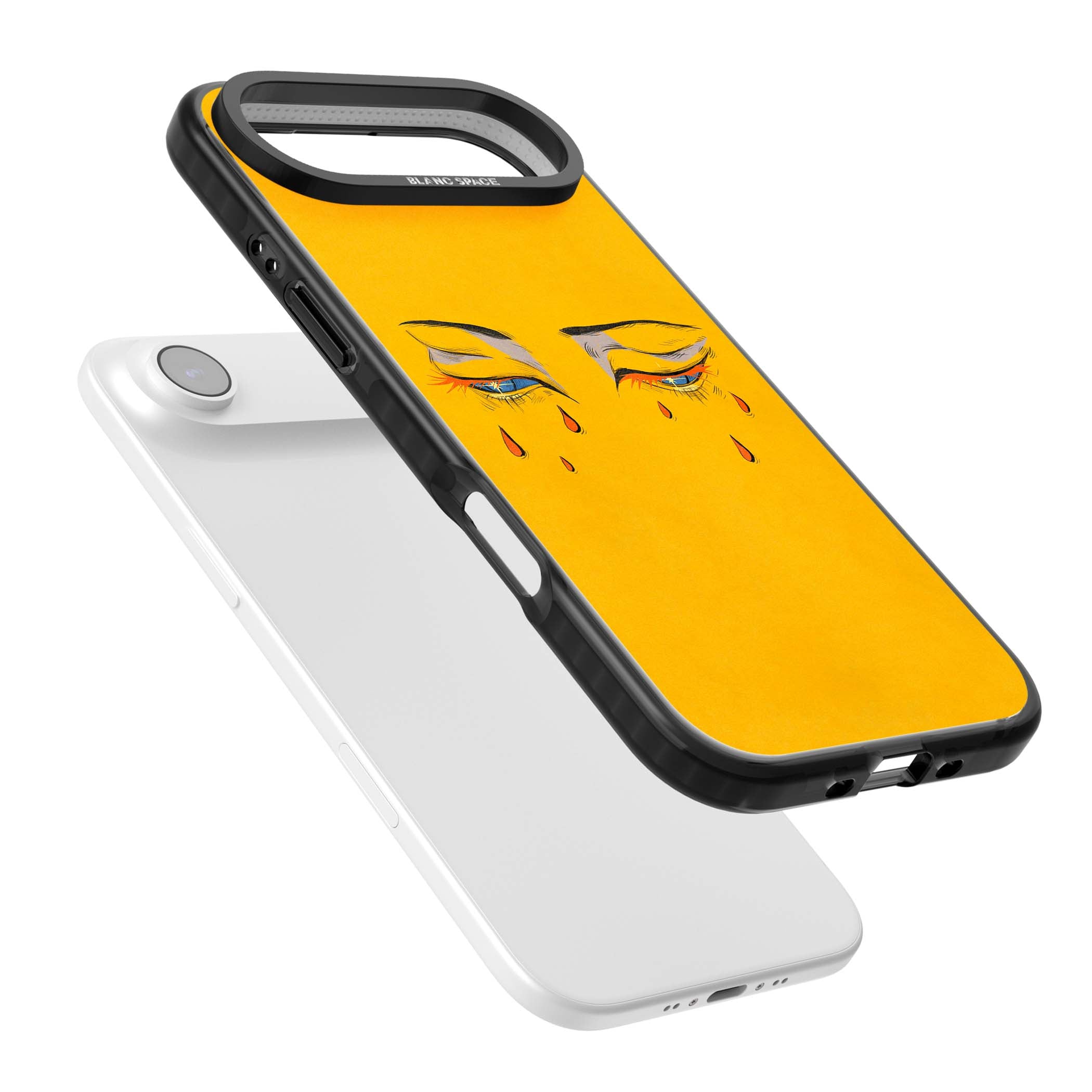 Yellow Tearful Eyes indie iPhone case featuring hand-drawn crying eyes with orange tears on a yellow background | Black Impact Magsafe case for iPhone Air