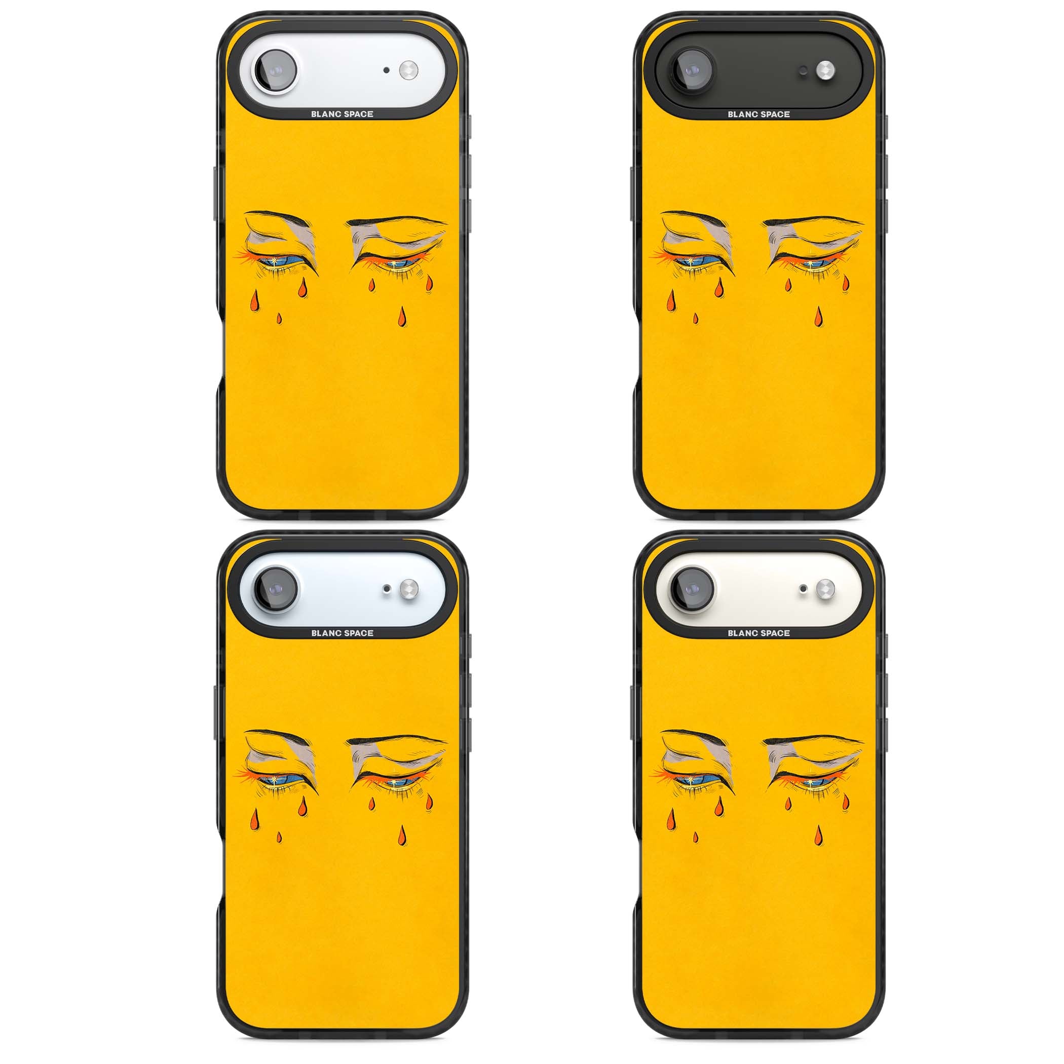Yellow Tearful Eyes indie iPhone case featuring hand-drawn crying eyes with orange tears on a yellow background | Black Impact Magsafe case for iPhone Air