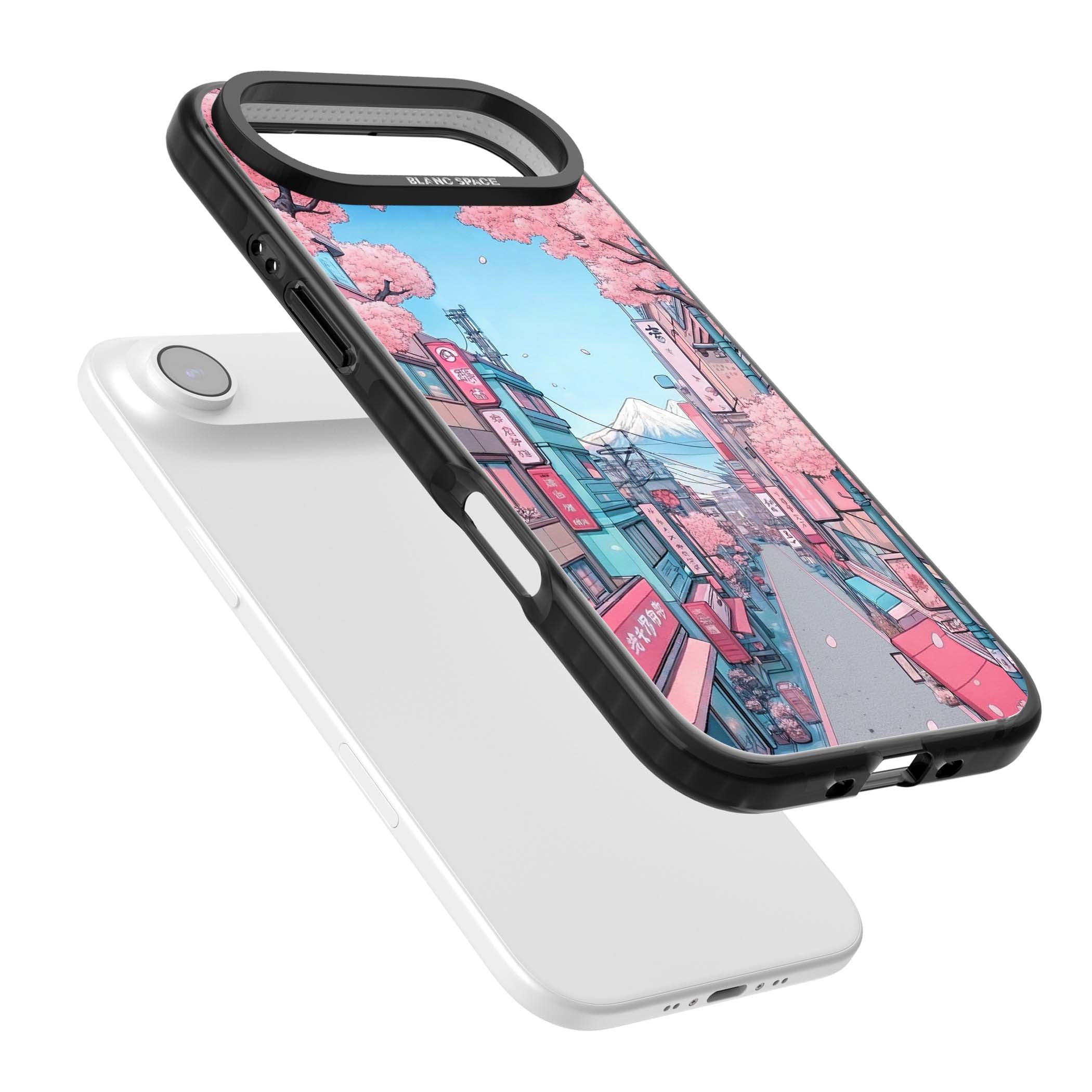 Sakura Lane anime iPhone case featuring Tokyo street scene with cherry blossoms and Mount Fuji | Black Impact Magsafe case for iPhone Air