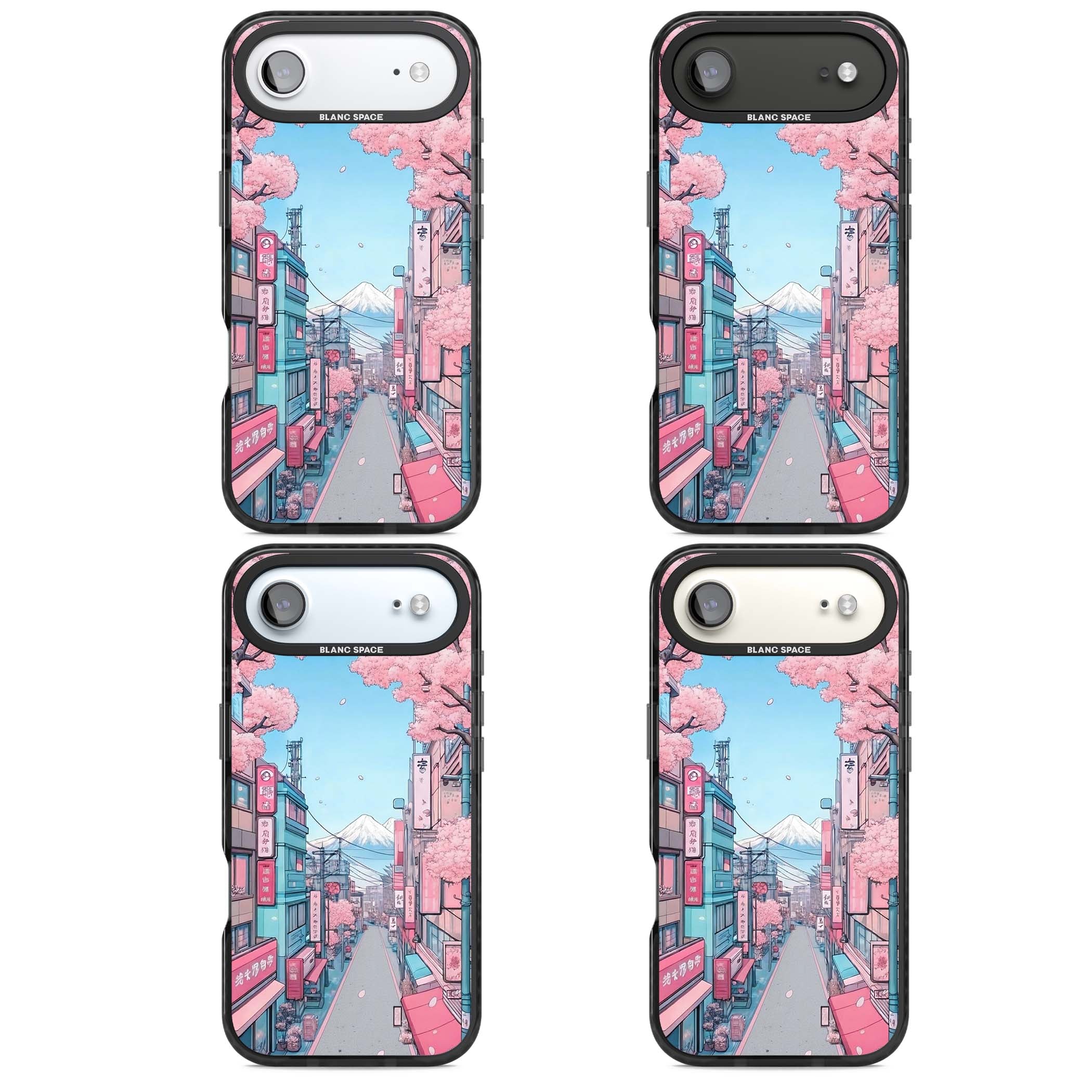 Sakura Lane anime iPhone case featuring Tokyo street scene with cherry blossoms and Mount Fuji | Black Impact Magsafe case for iPhone Air