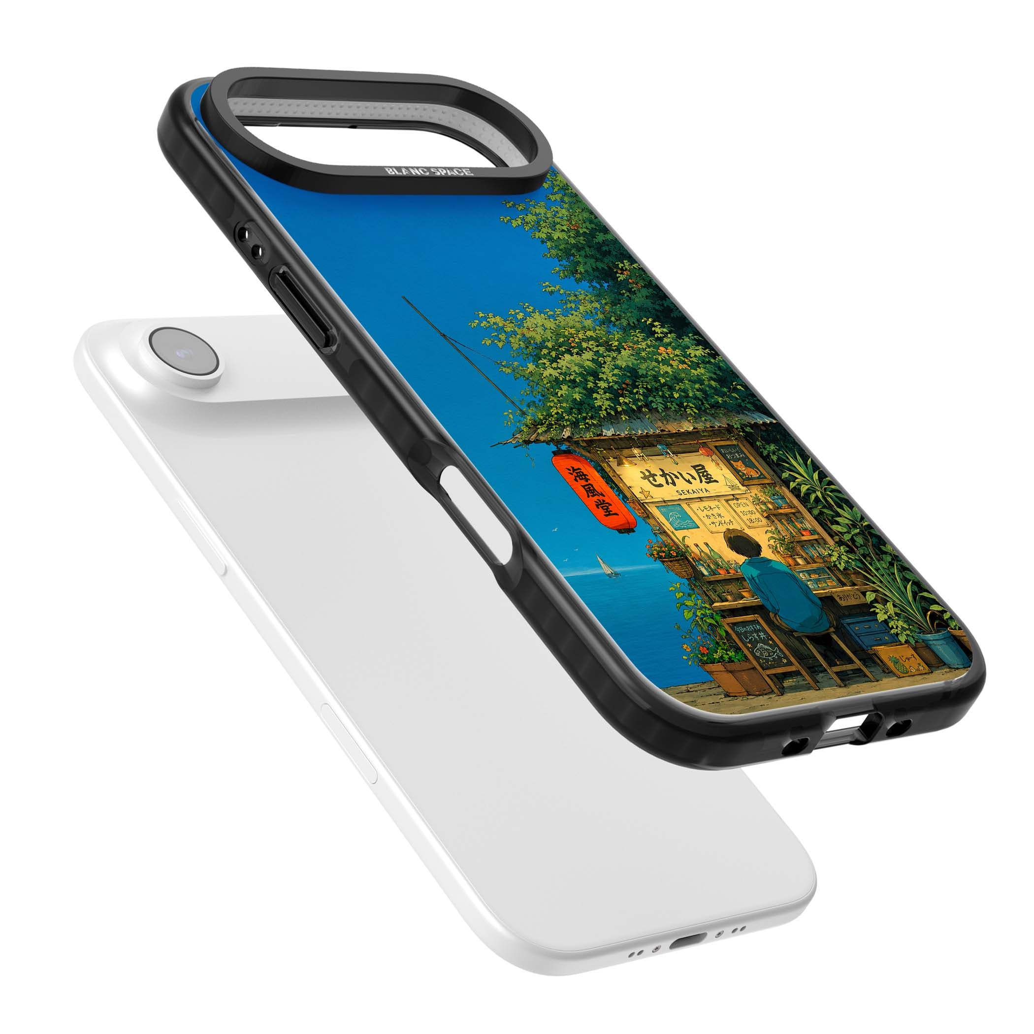 The Shirahama Kiosk anime iPhone case featuring a Japanese seaside shop, red paper lantern and ocean view | Black Impact Magsafe case for iPhone Air