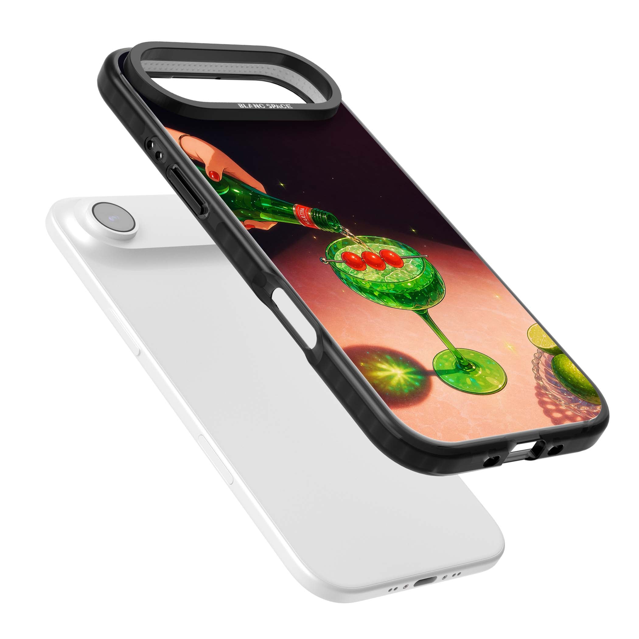 Absinthe Hour cocktail iPhone case featuring a green coupe glass, cherry garnish and vintage bottle pour illustration | Black Impact Magsafe case for iPhone Air